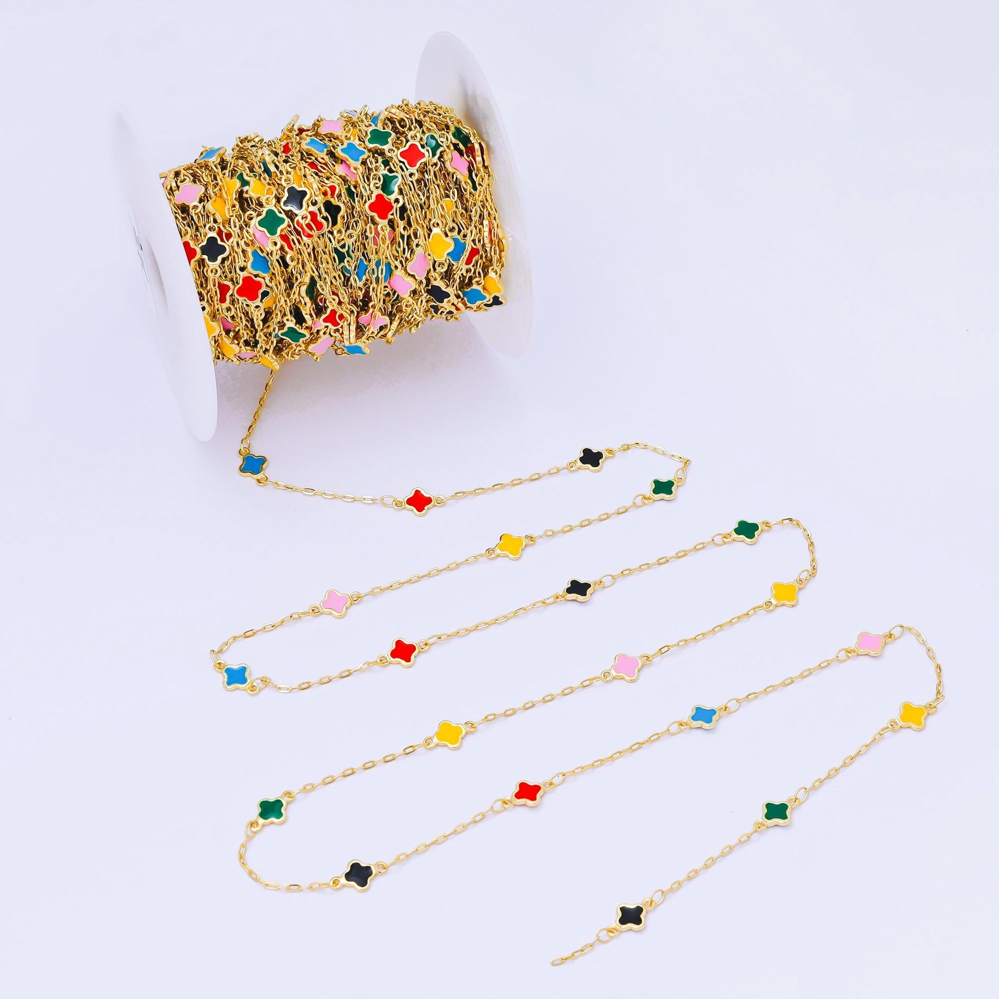 18K Gold fill Dainty Lucky Quatrefoil Chain by Yard, Wholesale Black, Pink, Rainbow Enamel Clover Satellite Chain Jewelry Making ROLL-1675