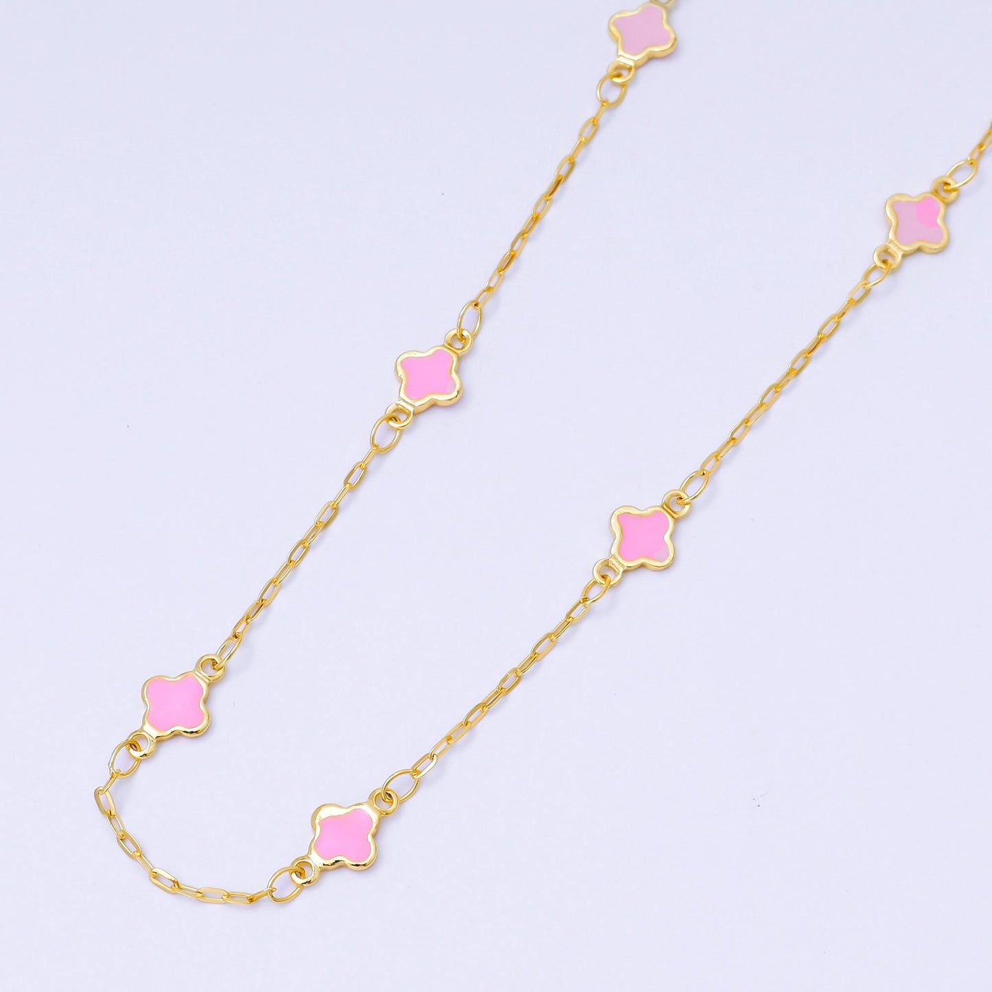 18K Gold fill Dainty Lucky Quatrefoil Chain by Yard, Wholesale Black, Pink, Rainbow Enamel Clover Satellite Chain Jewelry Making ROLL-1675