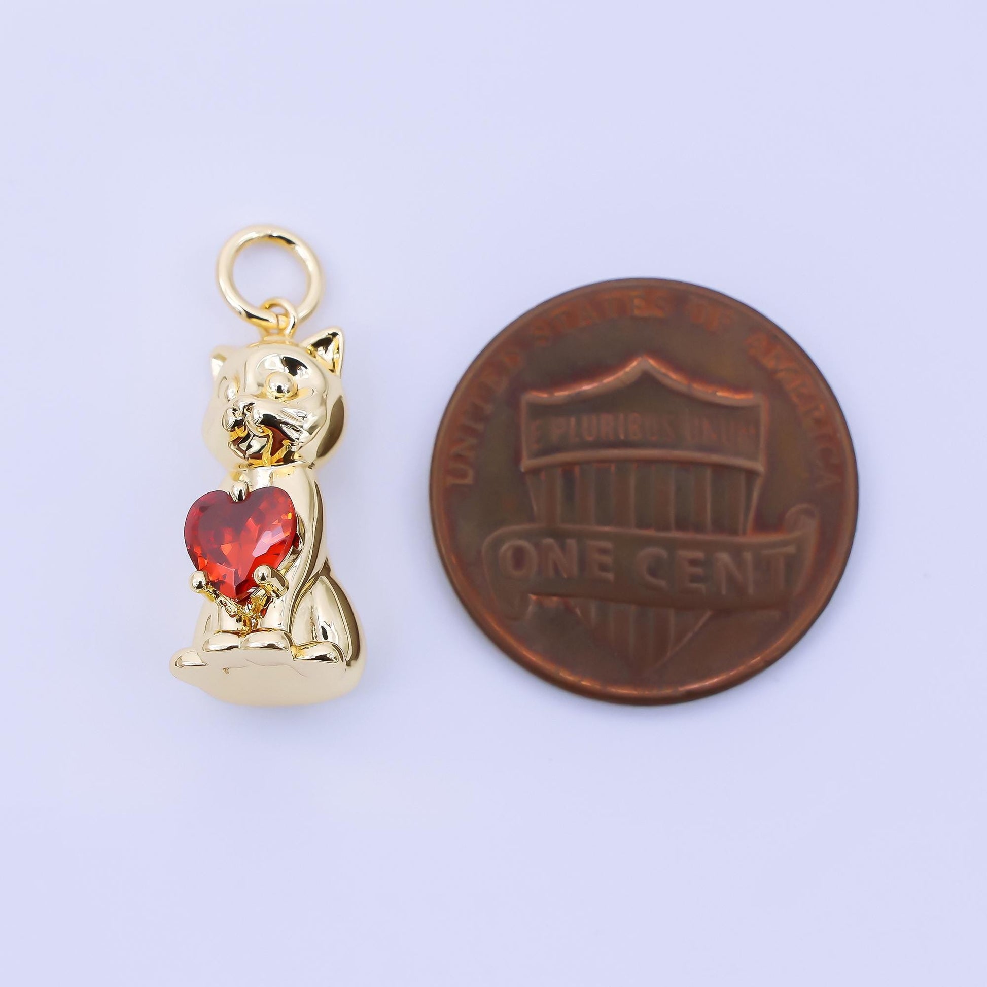 24K Gold Filled 17.5mm Red Heart-Shaped CZ Kitty Cat Pet Charm | AJ398