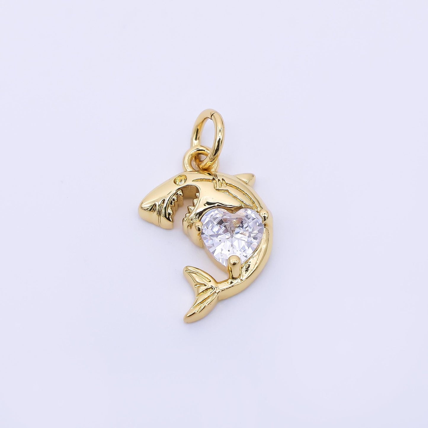 24K Gold Filled 15mm Heart-Shaped CZ Sea Creature Wild Shark Animal Charm | AJ395