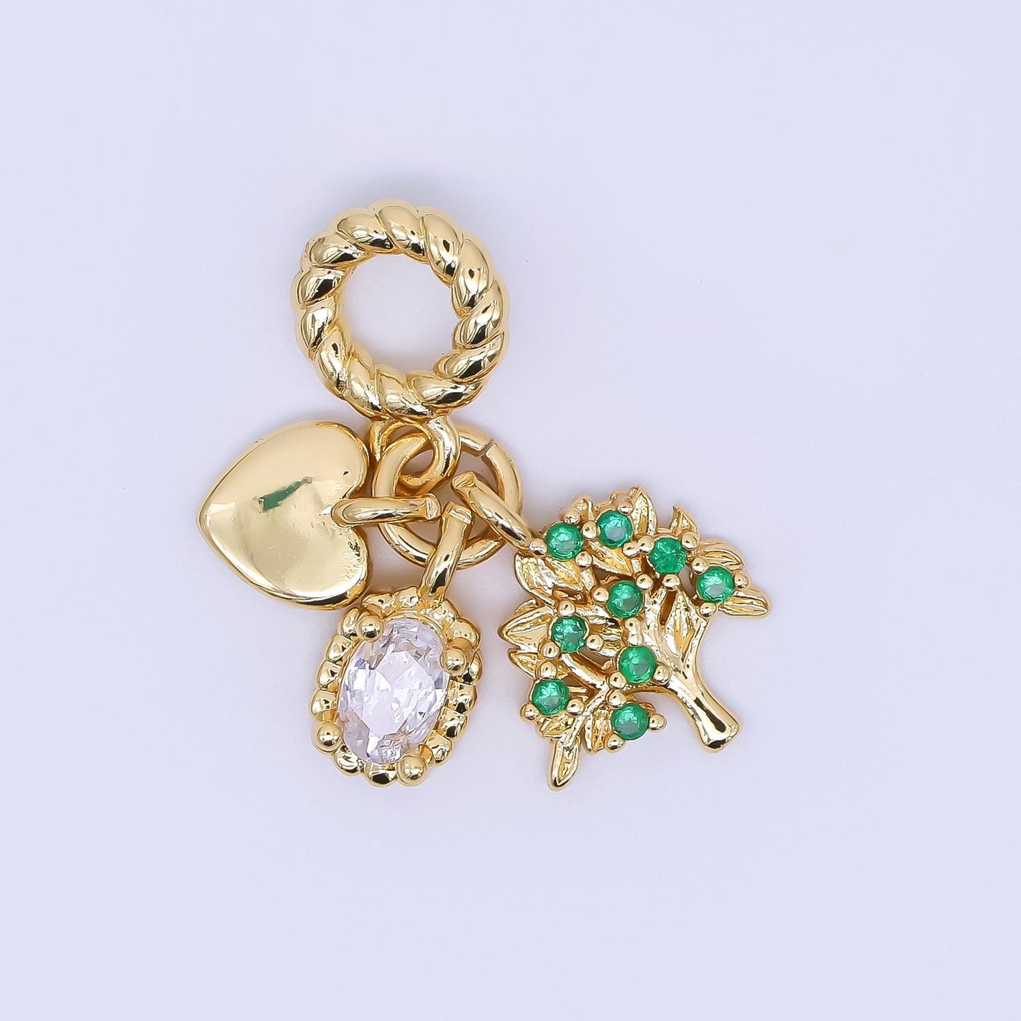 24K Gold Filled 16mm Heart, Clear Oval CZ, & Green Apple Tree Nature Set Rondelle Drop Charm | AC1646