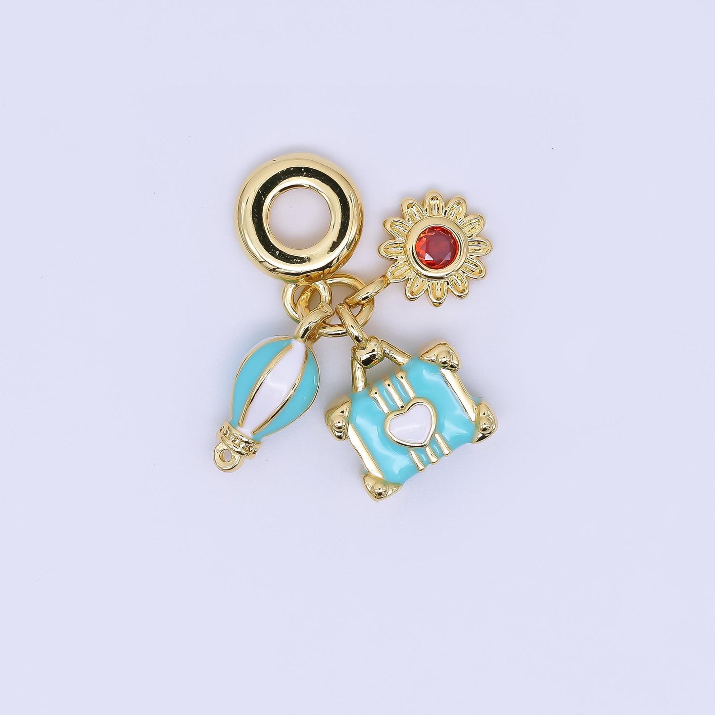 24K Gold Filled 15mm Hot Air Balloon, Lifesaver, & Sunflower Summer Holidays Set Rondelle Drop Charm | AC1637