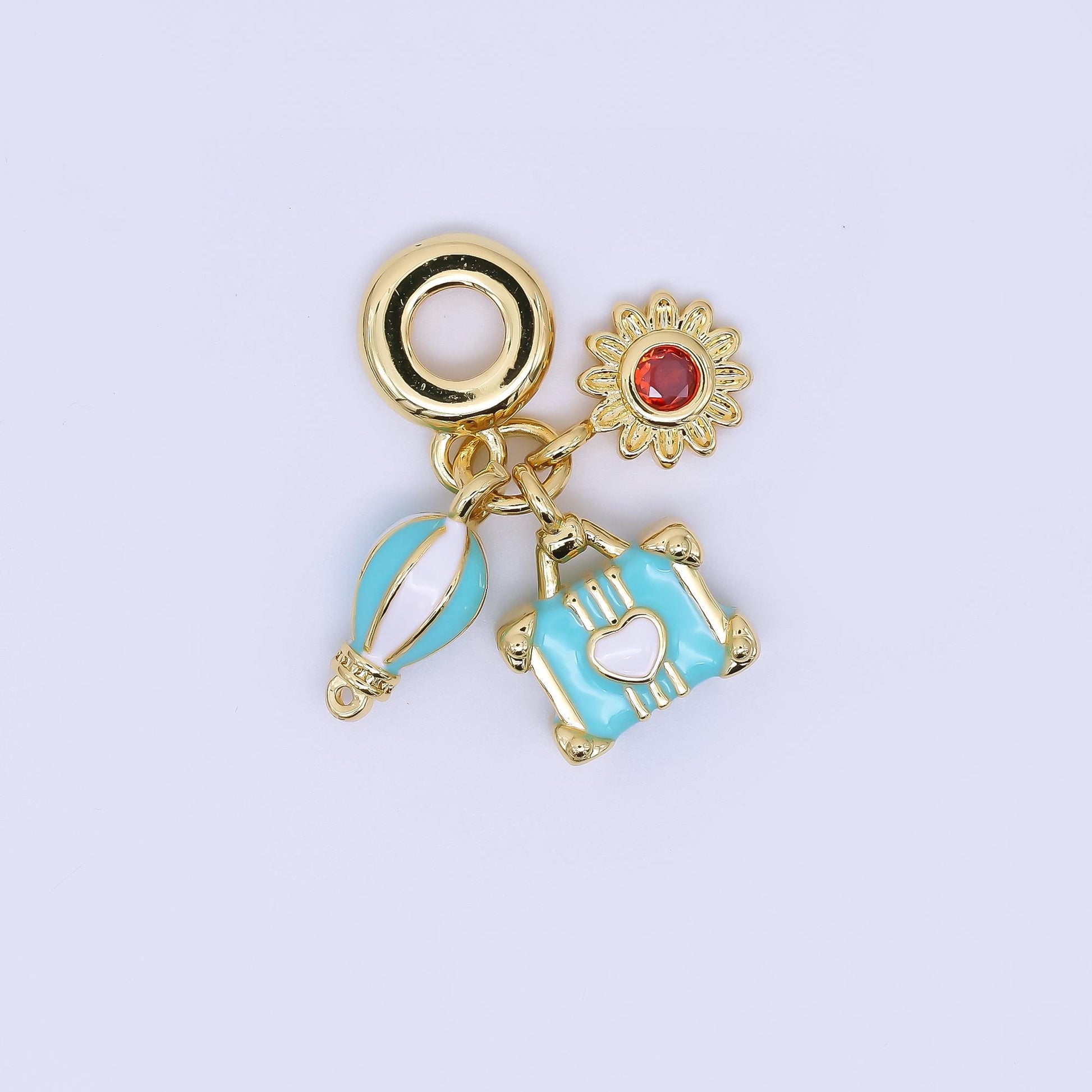 24K Gold Filled 15mm Hot Air Balloon, Lifesaver, & Sunflower Summer Holidays Set Rondelle Drop Charm | AC1637