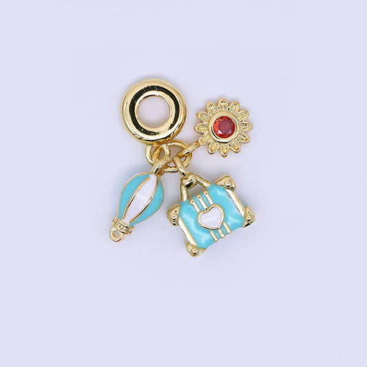 24K Gold Filled 15mm Hot Air Balloon, Lifesaver, & Sunflower Summer Holidays Set Rondelle Drop Charm | AC1637