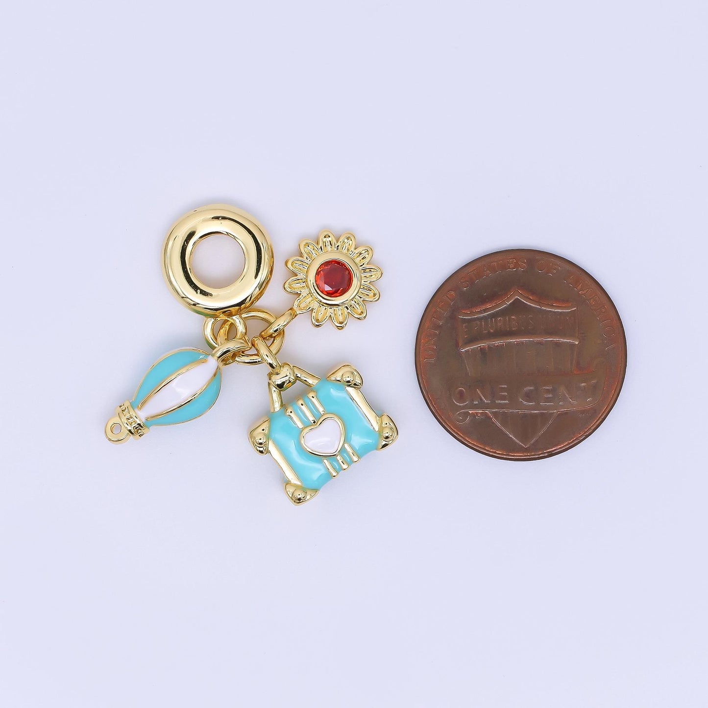 24K Gold Filled 15mm Hot Air Balloon, Lifesaver, & Sunflower Summer Holidays Set Rondelle Drop Charm | AC1637