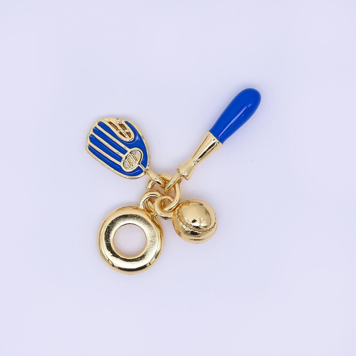 24K Gold Filled 20.5mm Blue Sticks, Gloves, & Ball Baseball Sports Set Rondelle Drop Charm | AC1614