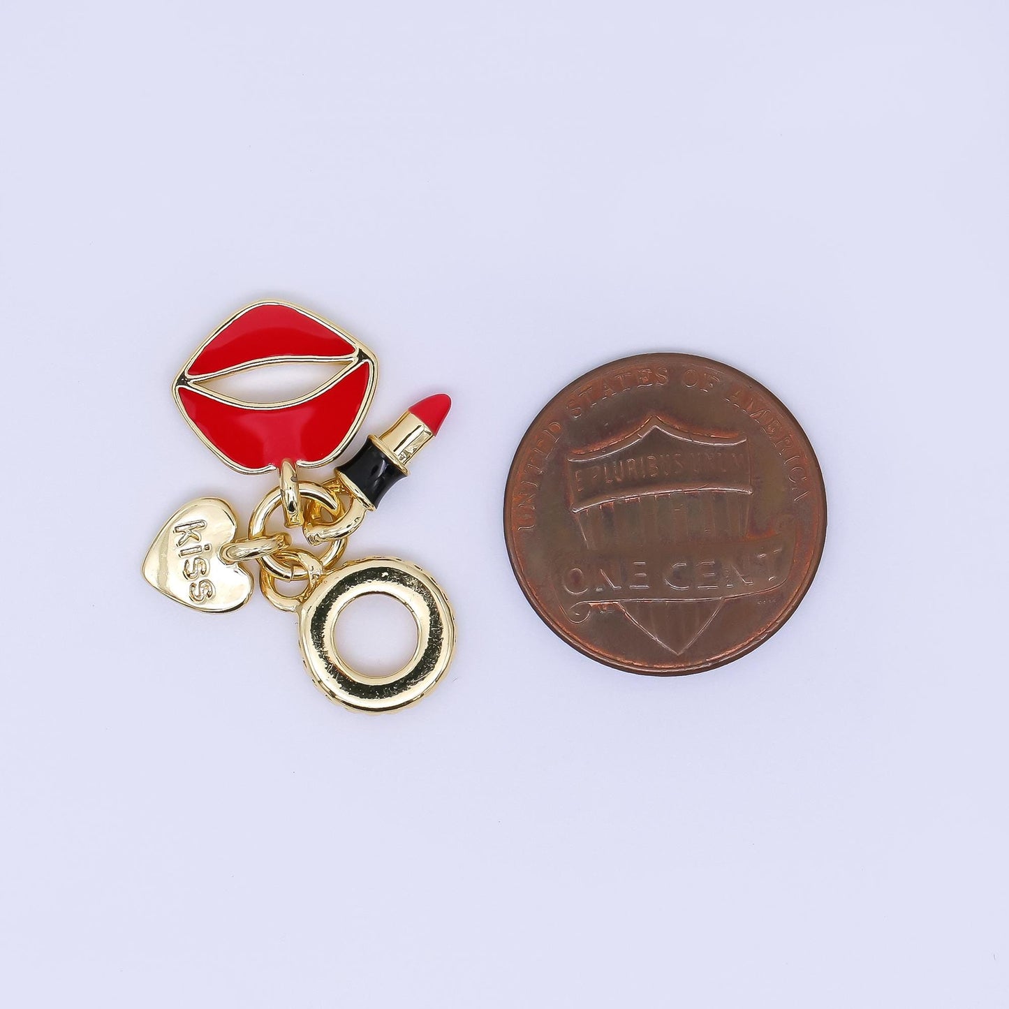 24K Gold Filled 11mm Red Lips, Lipstick, & Heart Kiss Girly Set European Style Rondelle Bail Drop Charm | AC1651