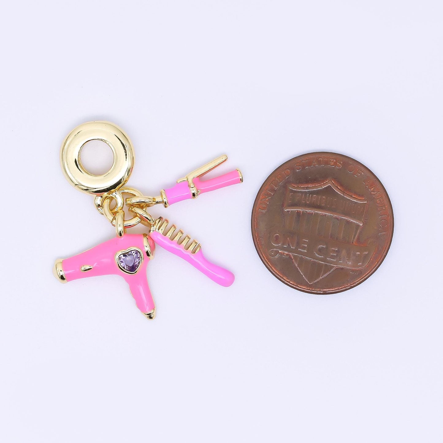 24K Gold Filled 16mm Pink Hair Blower, Straightener, & Comb Beauty Set Rondelle Drop Charm | AC1620