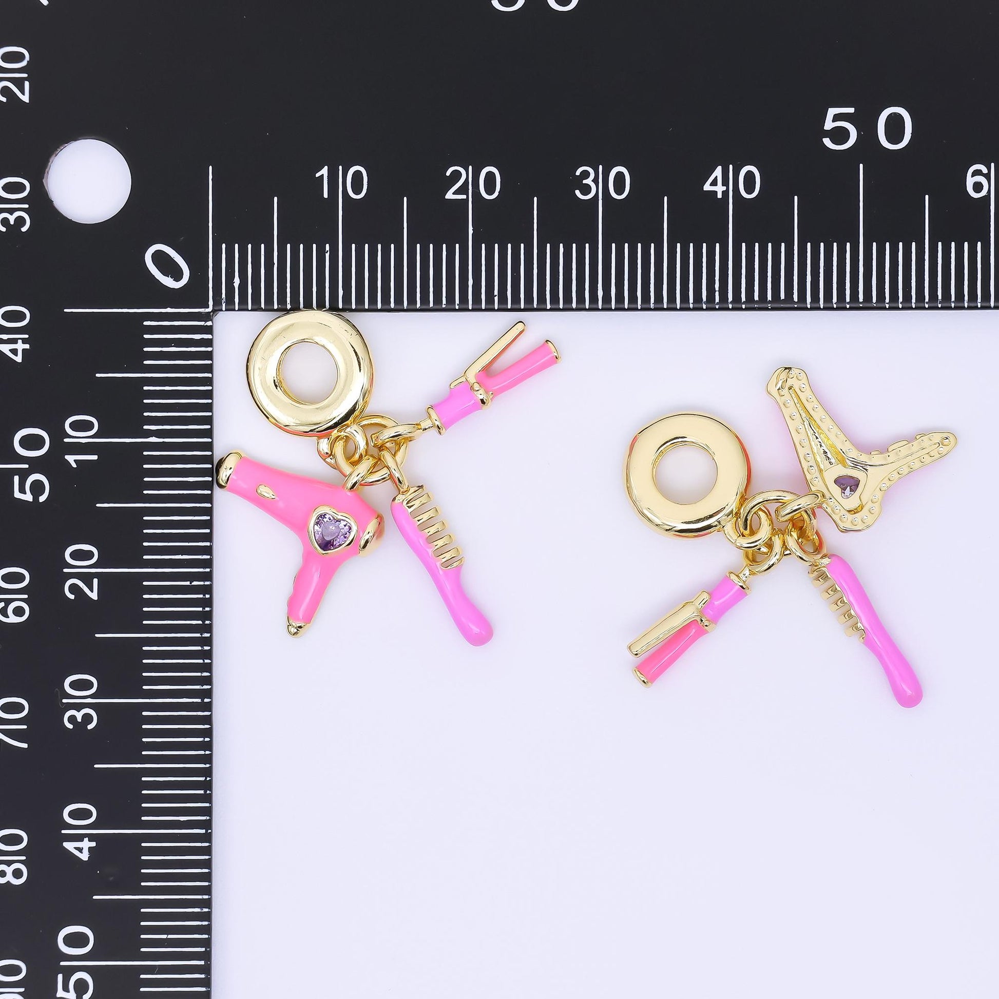 24K Gold Filled 16mm Pink Hair Blower, Straightener, & Comb Beauty Set Rondelle Drop Charm | AC1620