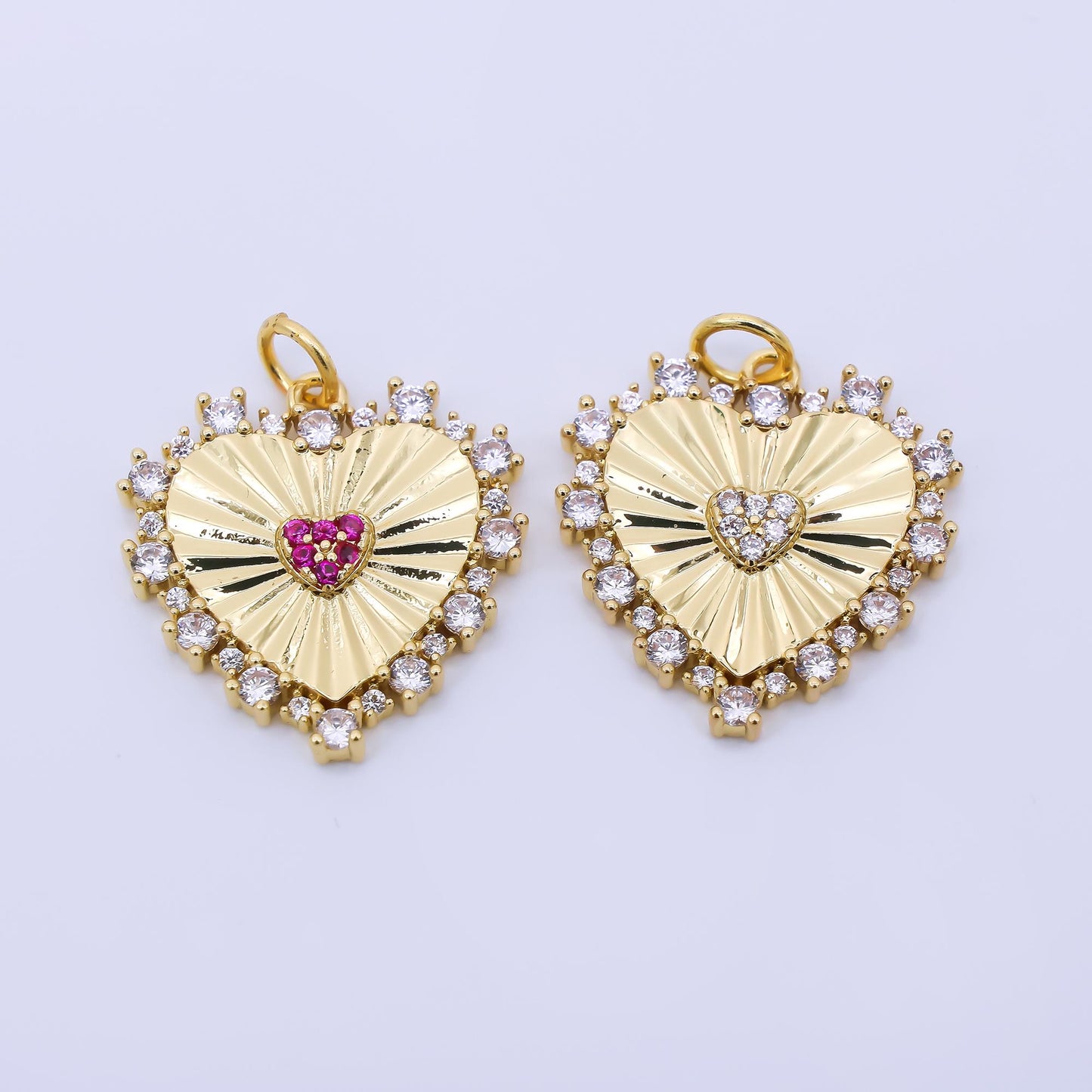 24K Gold Filled 20mm Clear & Fuchsia CZ Royal Heart Charm | AH-554