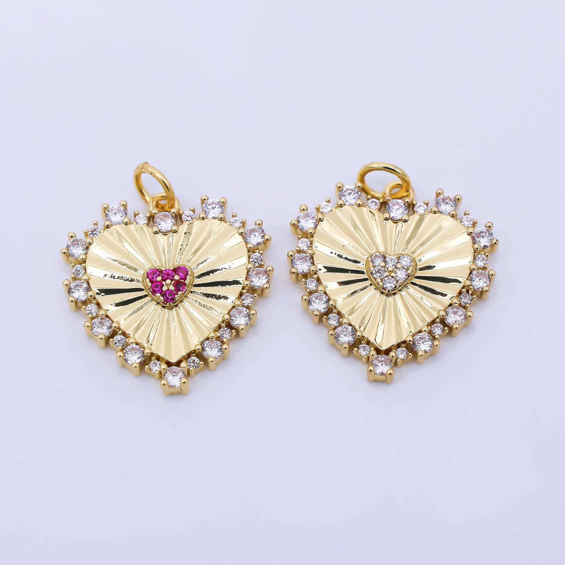 24K Gold Filled 20mm Clear & Fuchsia CZ Royal Heart Charm | AH-554