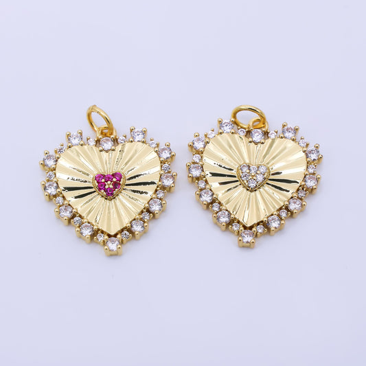 24K Gold Filled 20mm Clear & Fuchsia CZ Royal Heart Charm | AH-554