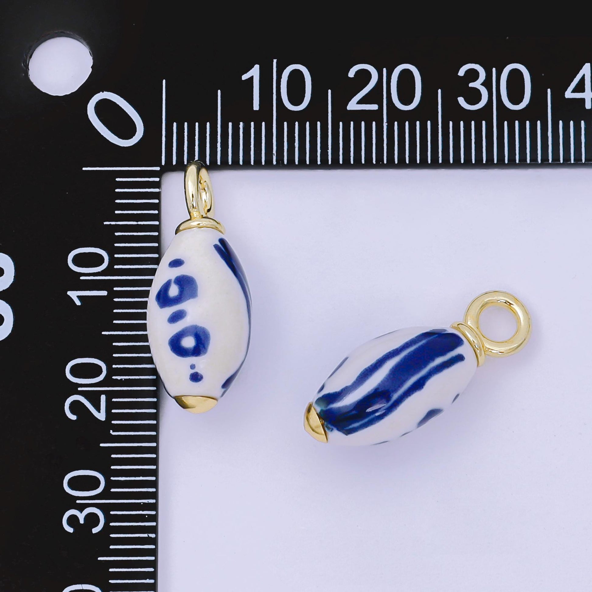 24K Gold Filled Blue-White Porcelain Oblong Drop Charm | AF1280