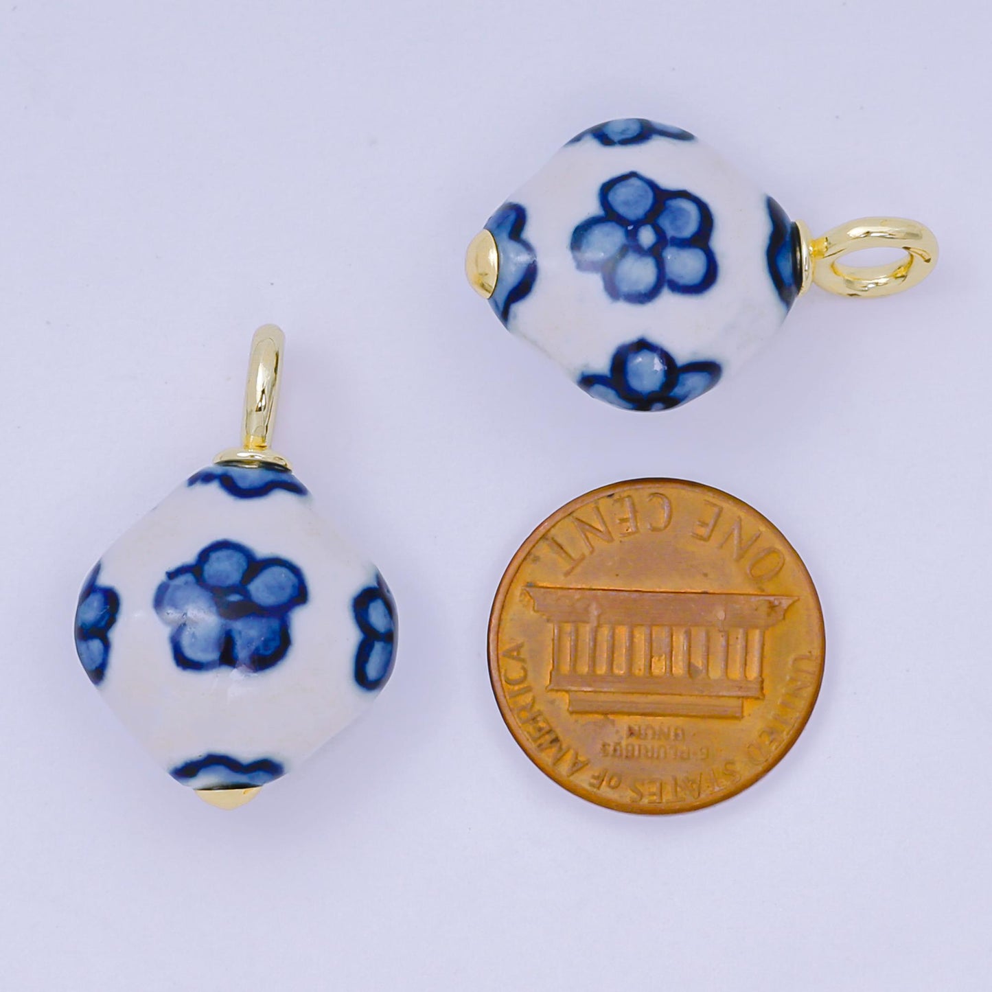 24K Gold Filled Blue-White Flower Geometric Porcelain Ceramic Drop Charm | AF1282