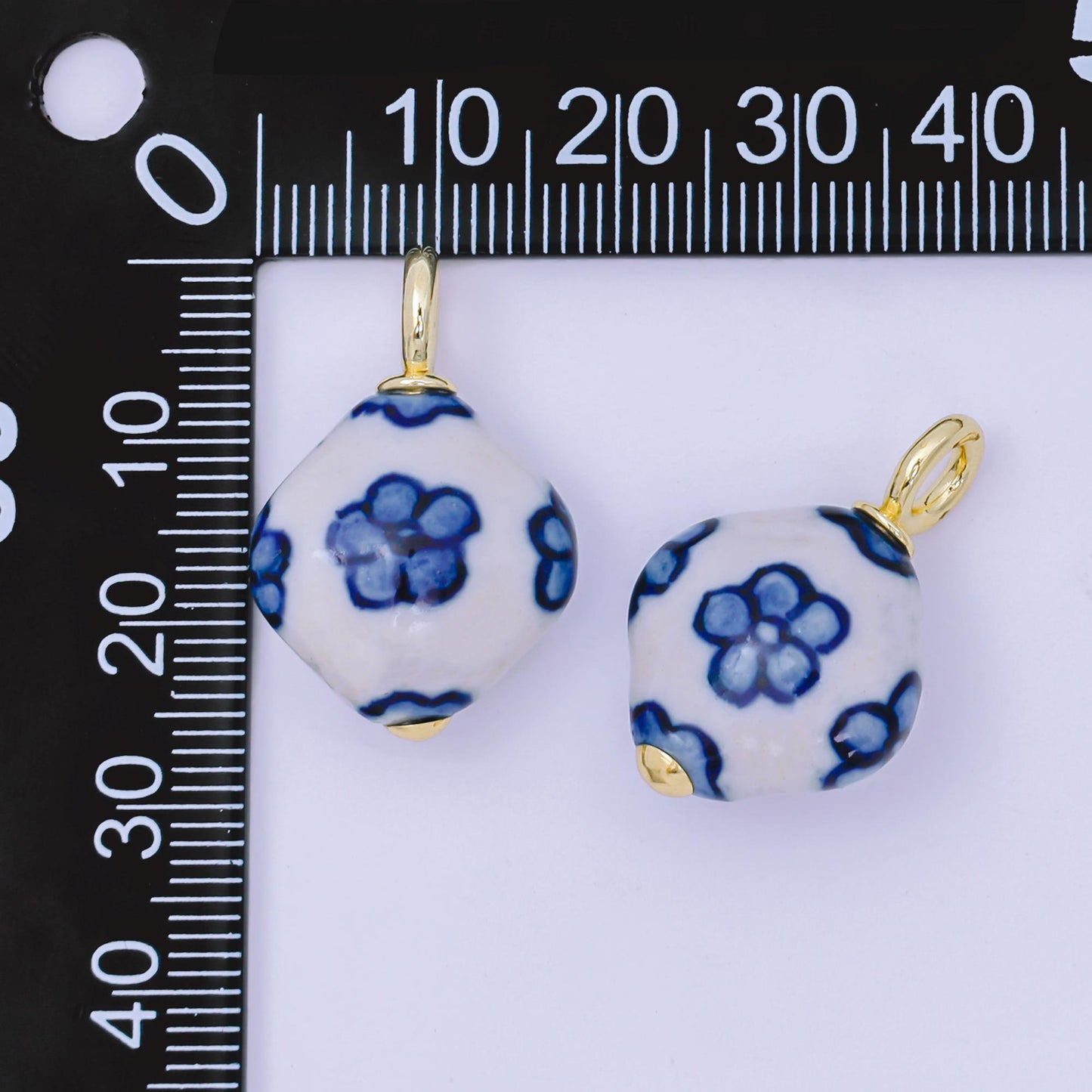 24K Gold Filled Blue-White Flower Geometric Porcelain Ceramic Drop Charm | AF1282