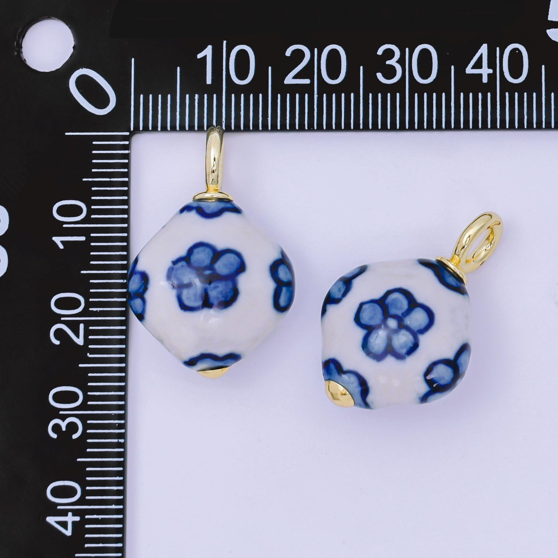 24K Gold Filled Blue-White Flower Geometric Porcelain Ceramic Drop Charm | AF1282