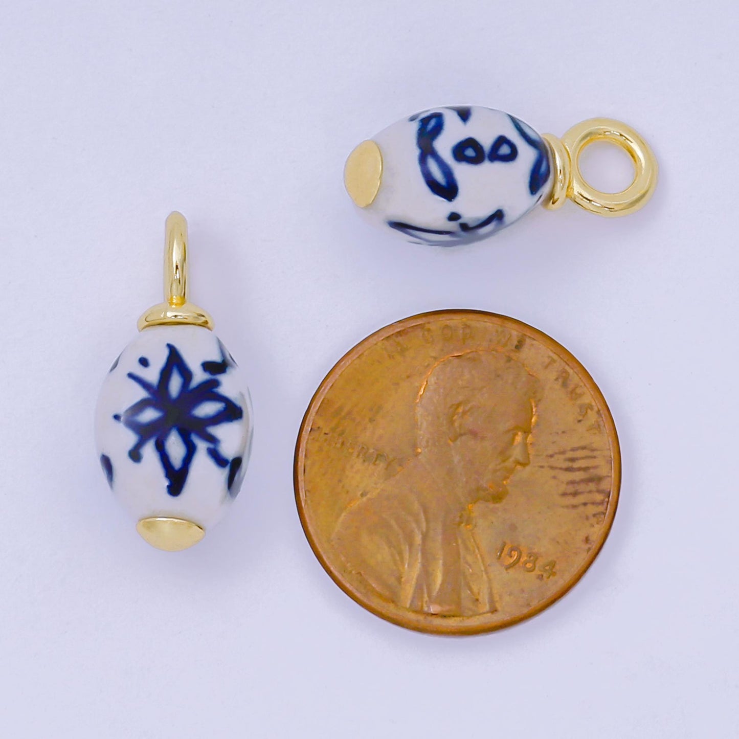 24K Gold Filled 20mm Blue-White Lotus Flower Ceramic Drop Charm | AF1284