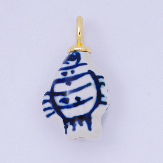 24K Gold Filled 23mm Blue-White Porcelain Ceramics Fish Drop Charm | AF1276