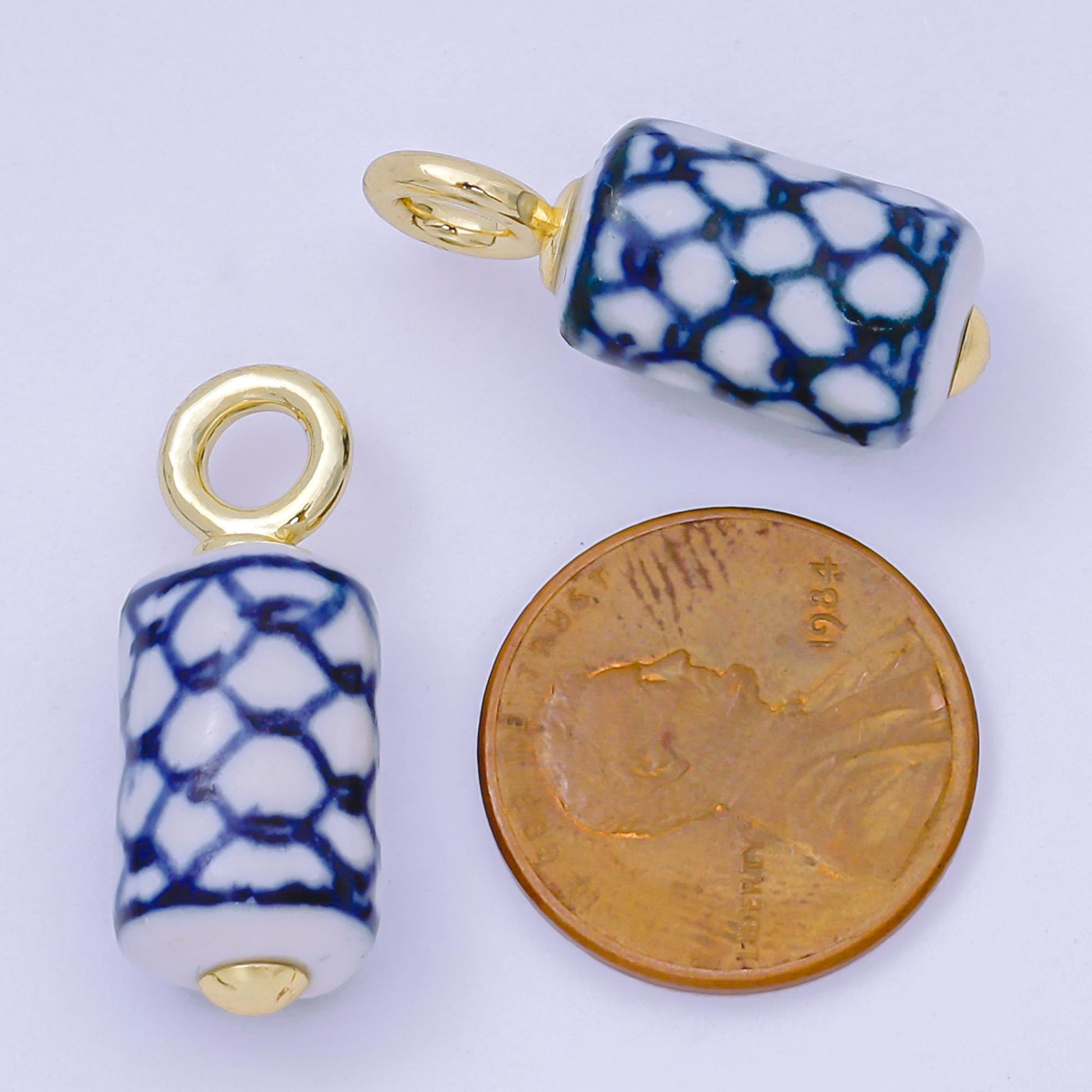 24K Gold Filled 25mm Blue-White Fish Net Porcelain Ceramic Cylinder Drop Charm | AF1281