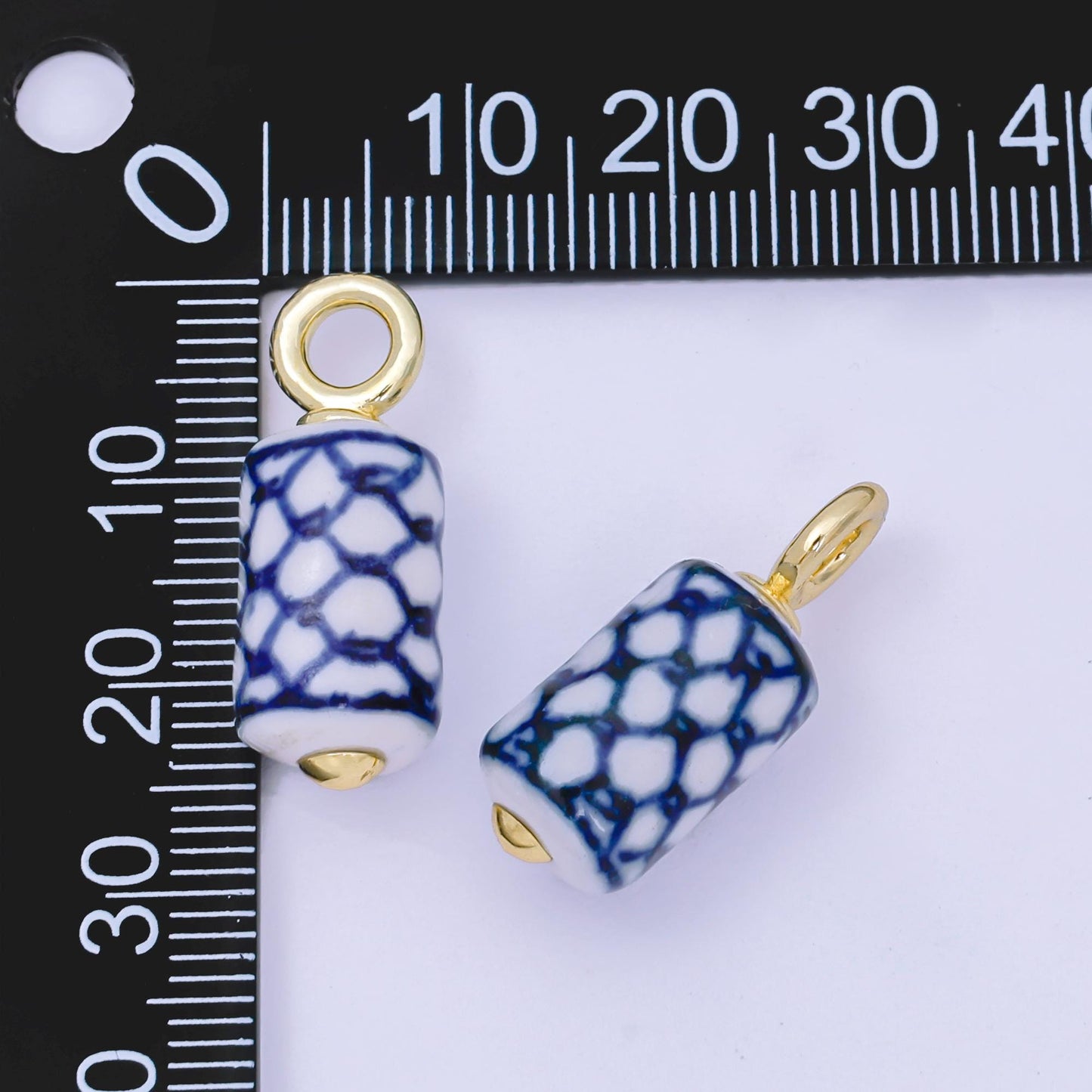 24K Gold Filled 25mm Blue-White Fish Net Porcelain Ceramic Cylinder Drop Charm | AF1281