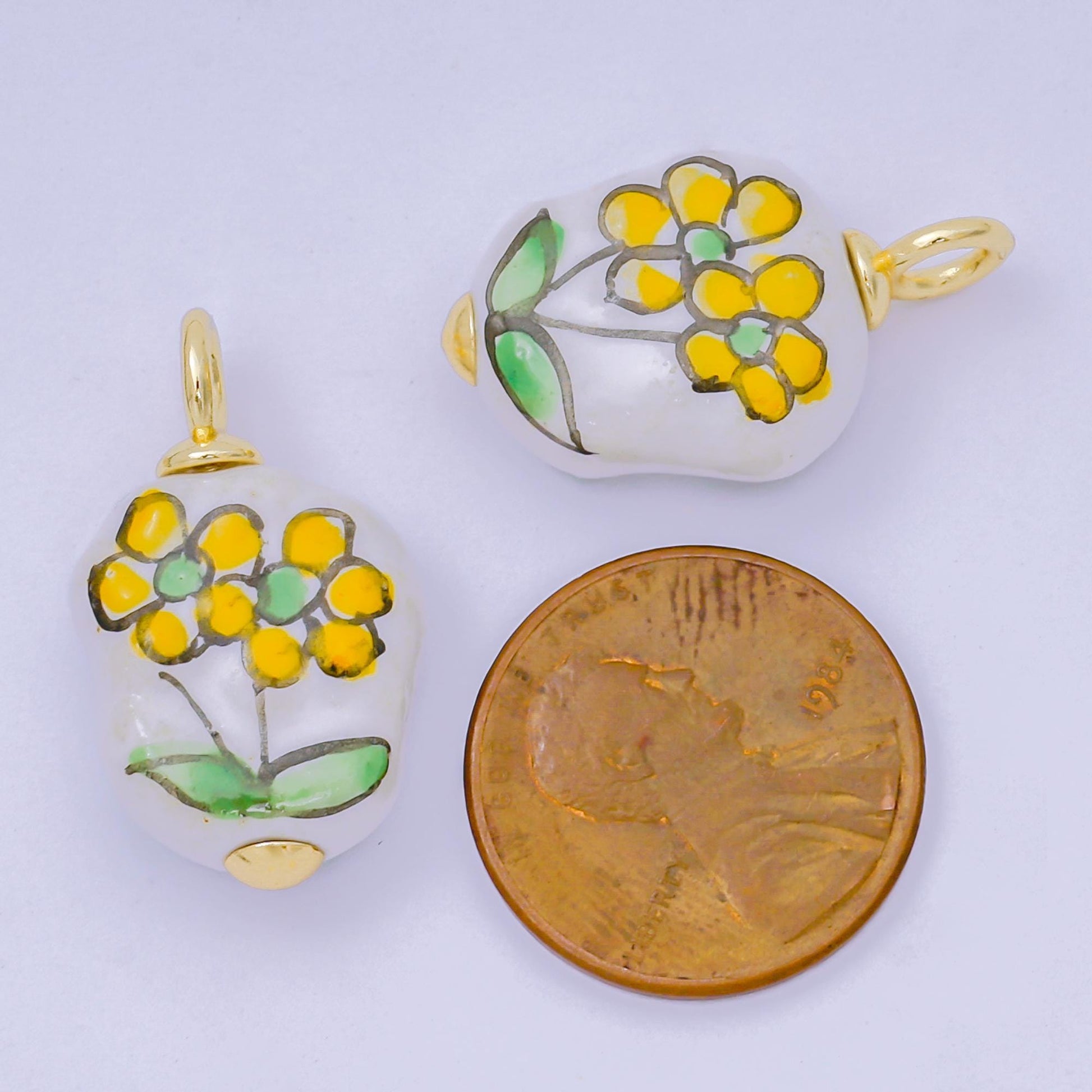 24K Gold Filled Yellow Daisy Flower Handmade Painted Baroque Freshwater Pearl Charm | AF1278