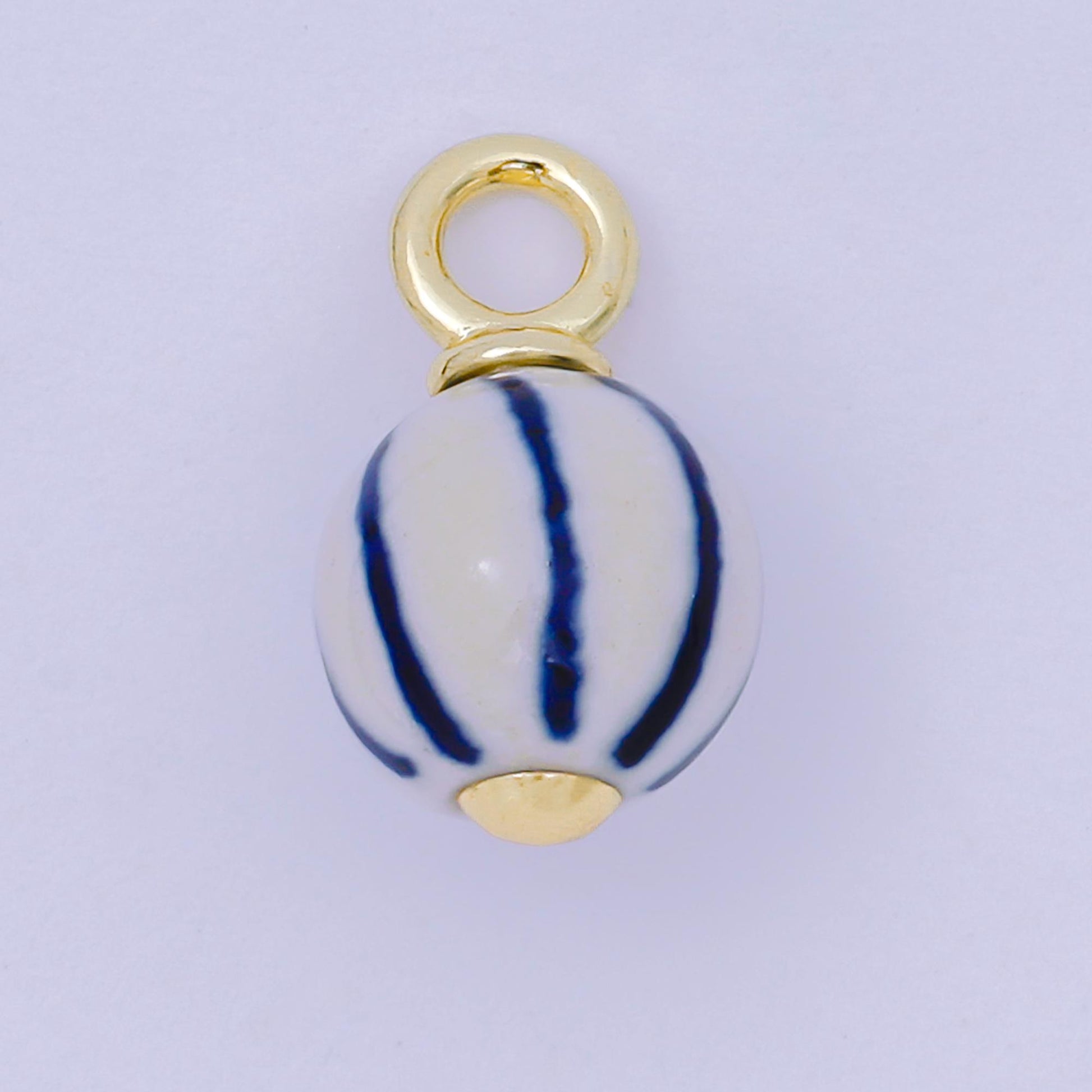 24K Gold Filled Blue-White Stripes Porcelain Ceramic Oblong Drop Charm | AF1279
