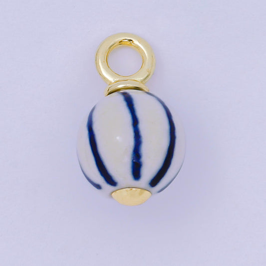 24K Gold Filled Blue-White Stripes Porcelain Ceramic Oblong Drop Charm | AF1279