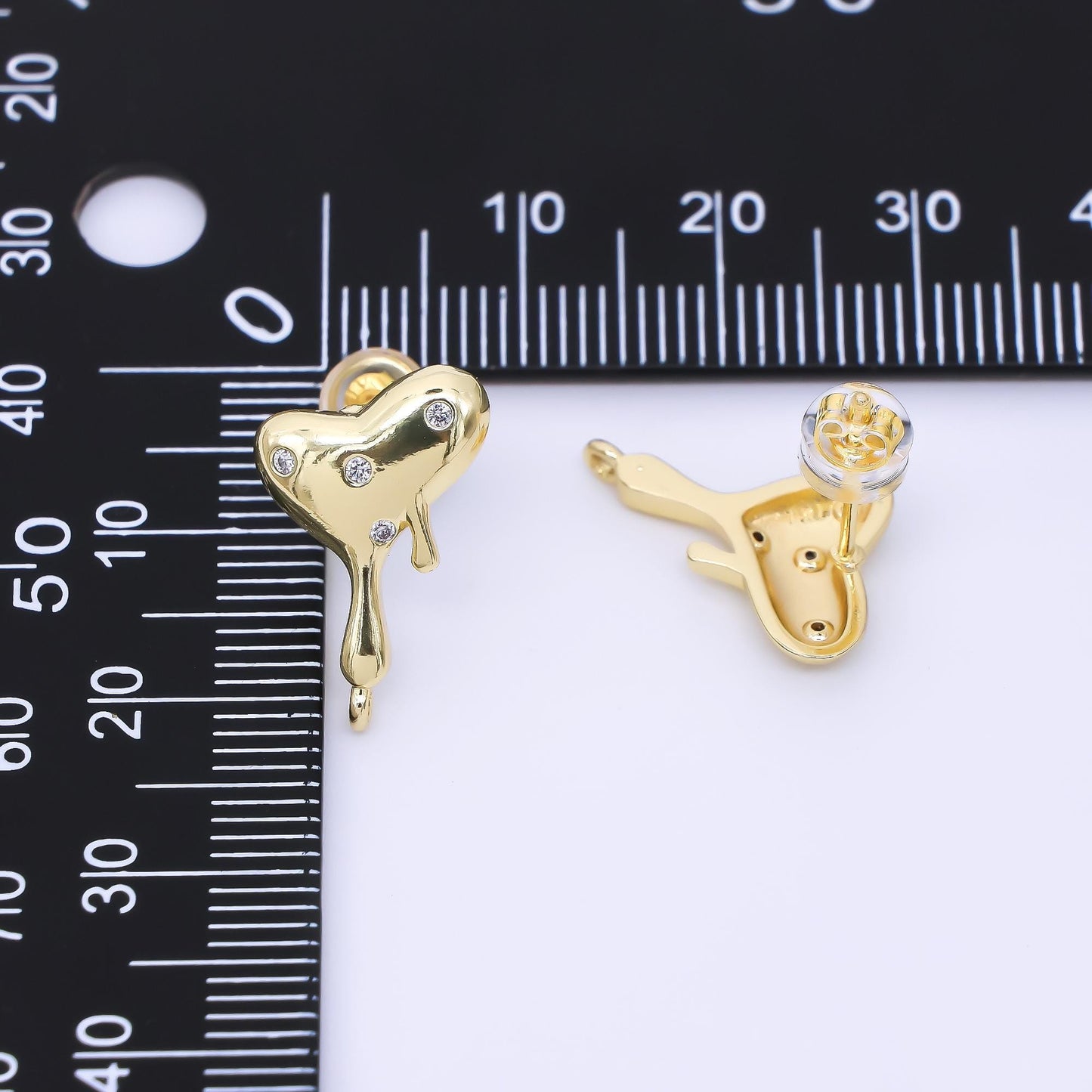 24K Gold Filled Clear CZ Dotted Molten Heart Drop Stud Earring Findings | Z1272