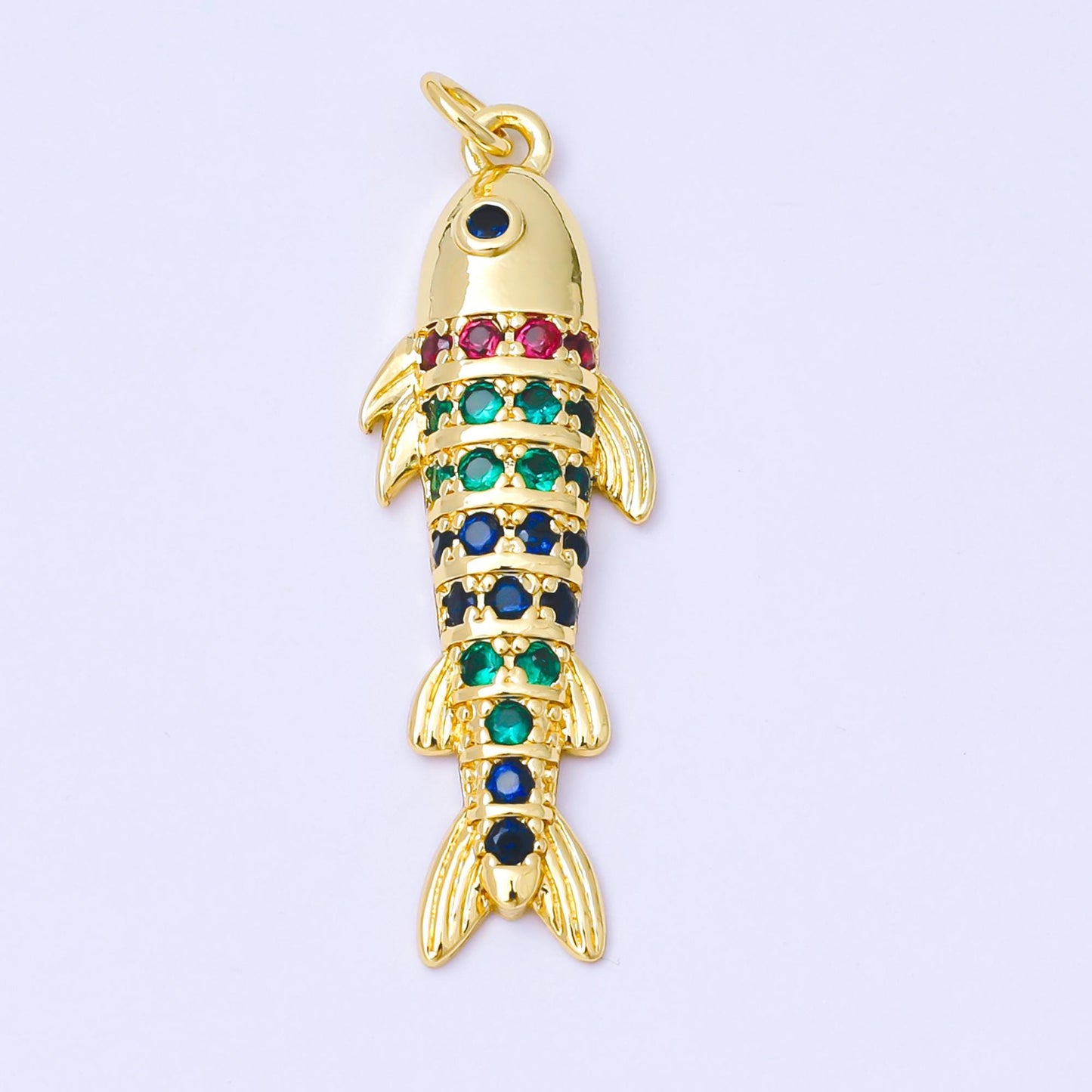 24K Gold Filled Clear, Multicolor Micro Paved CZ Sardine Salmon Fish Charm | AF1305