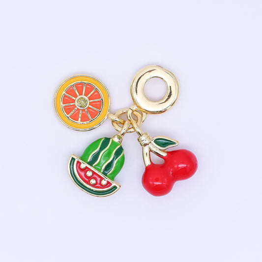 24K Gold Filled Orange Watermelon Cherry Fruit Enamel Drop Rondelle Charm | AC1639