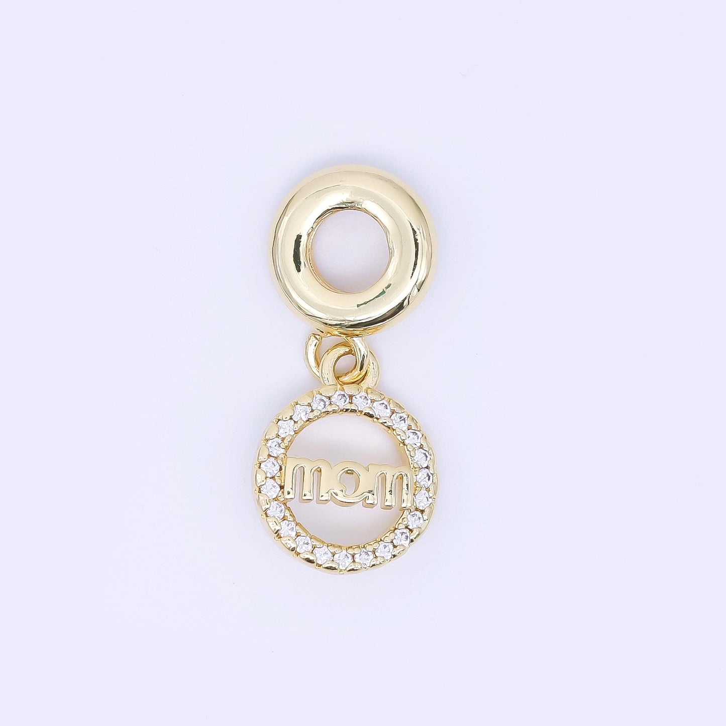 24K Gold Filled "MOM" Script Micro Paved CZ Round Drop Rondelle Charm | AC1631