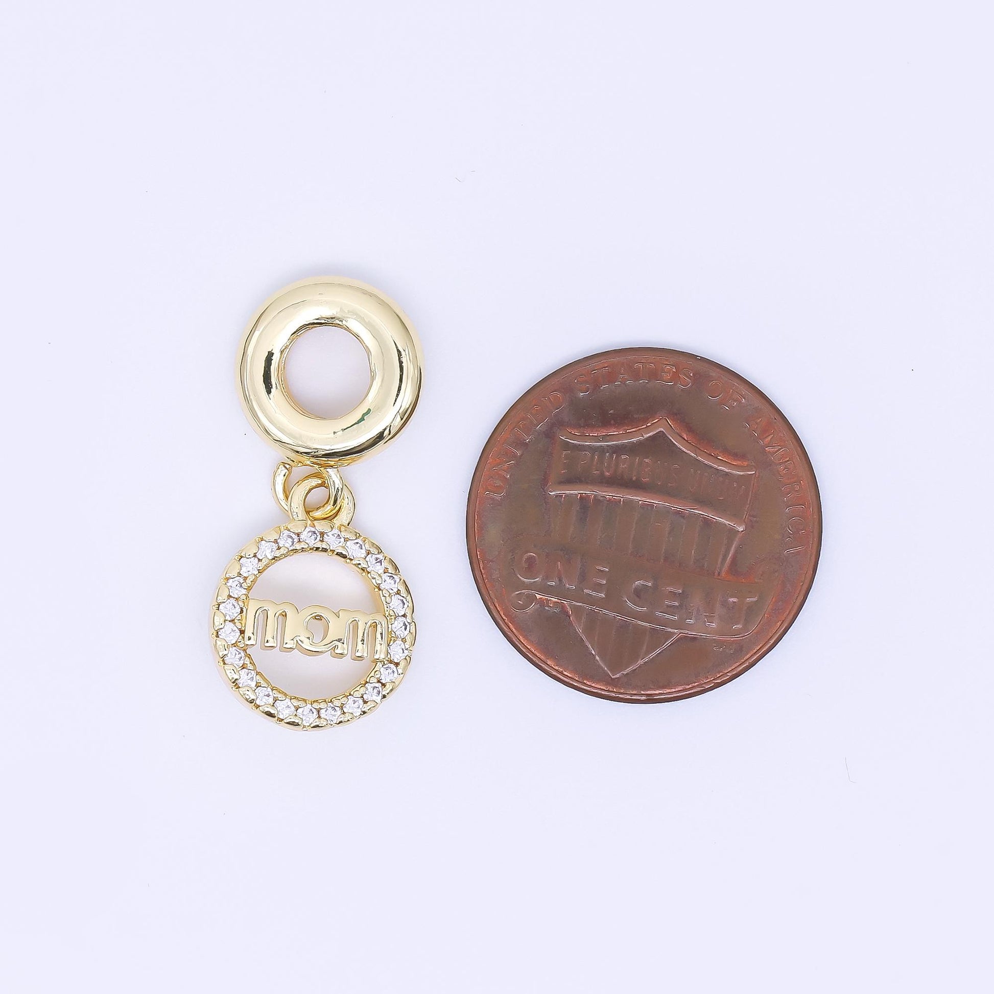 24K Gold Filled "MOM" Script Micro Paved CZ Round Drop Rondelle Charm | AC1631