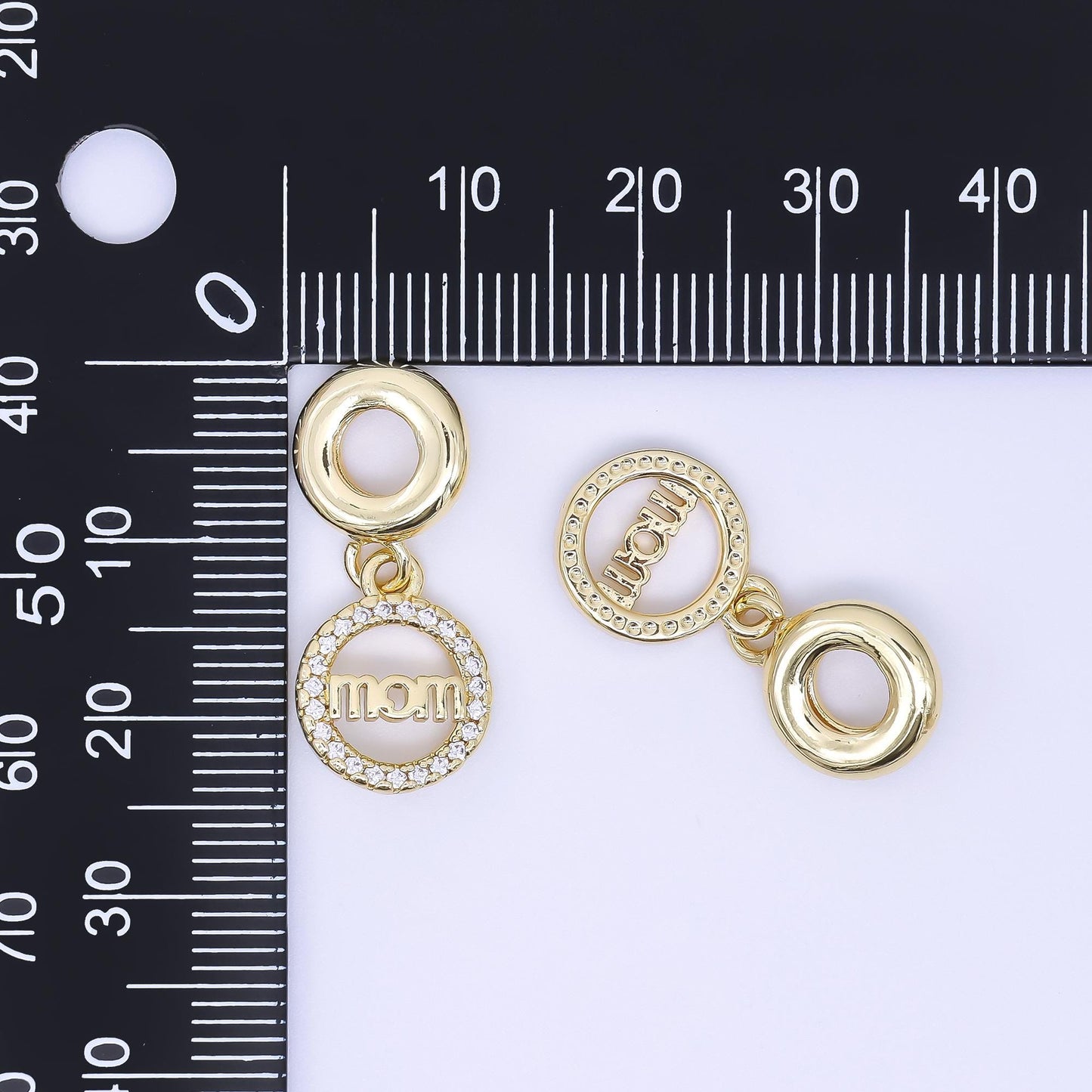 24K Gold Filled "MOM" Script Micro Paved CZ Round Drop Rondelle Charm | AC1631