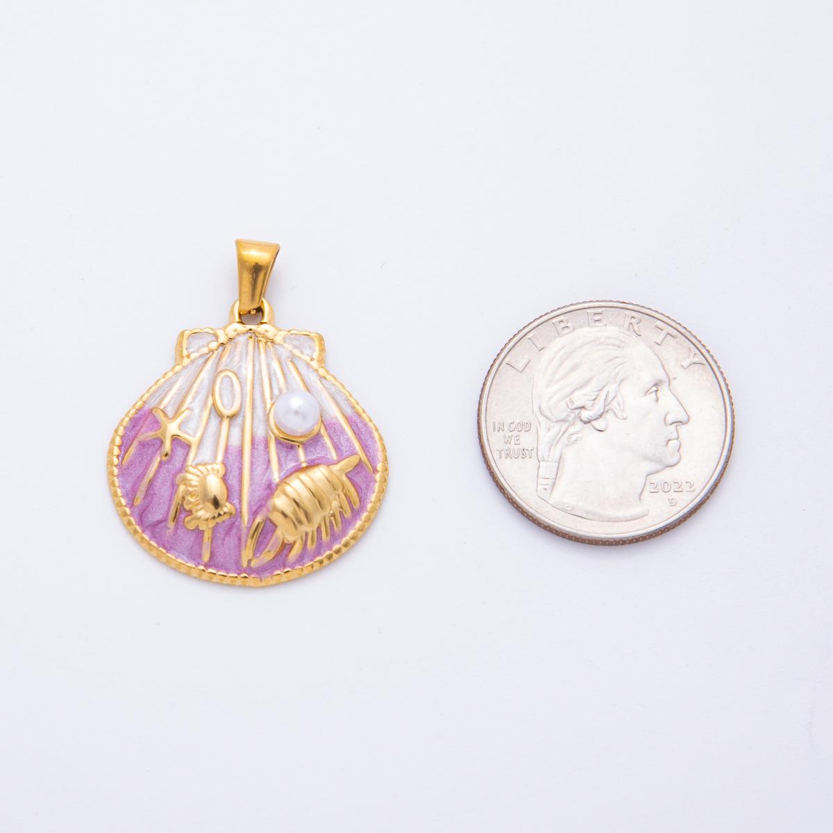 PVD Gold Stainless Steel Colorful Enamel Clam Shell Charm Beach Jewelry Making Supply | J-497