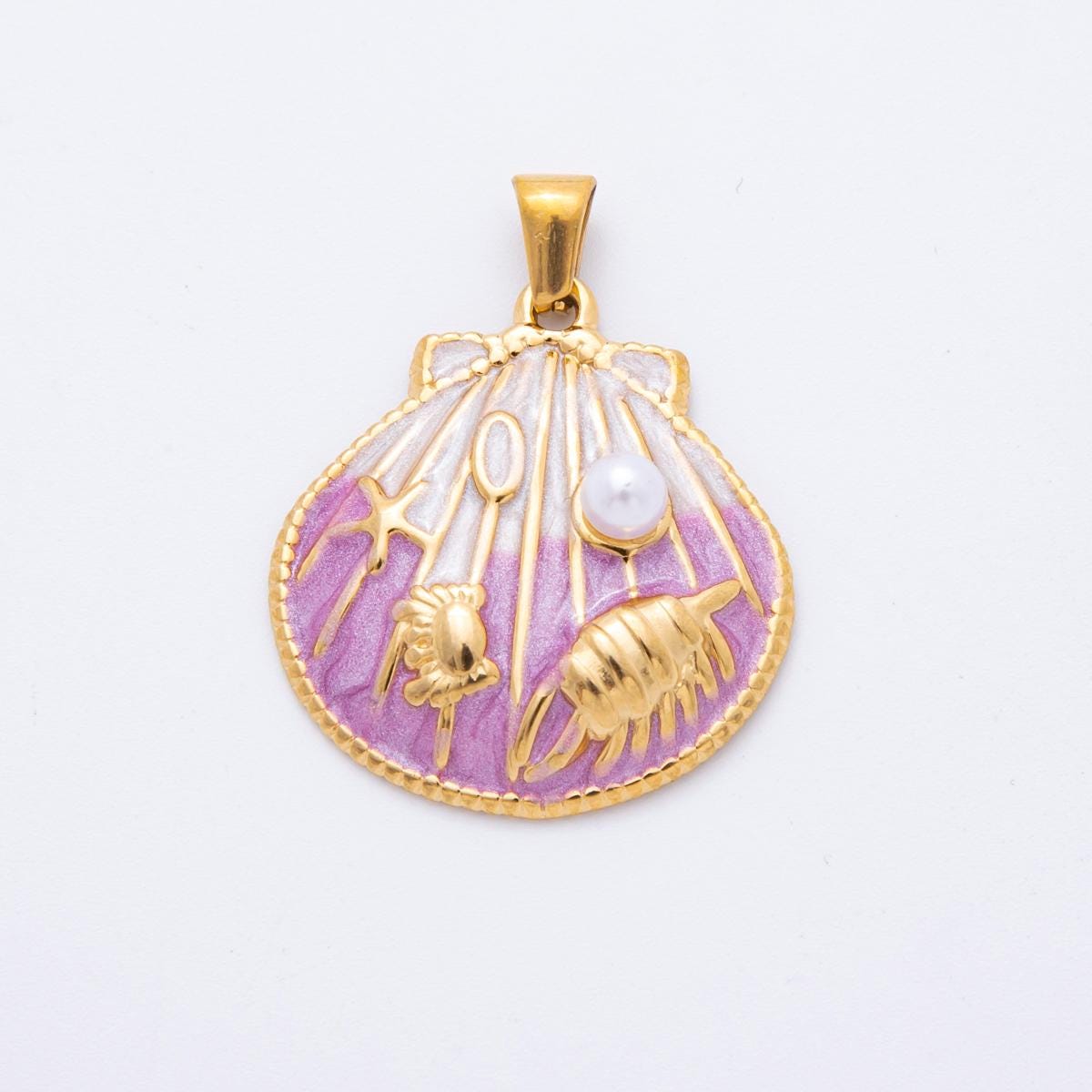 PVD Gold Stainless Steel Colorful Enamel Clam Shell Charm Beach Jewelry Making Supply | J-497
