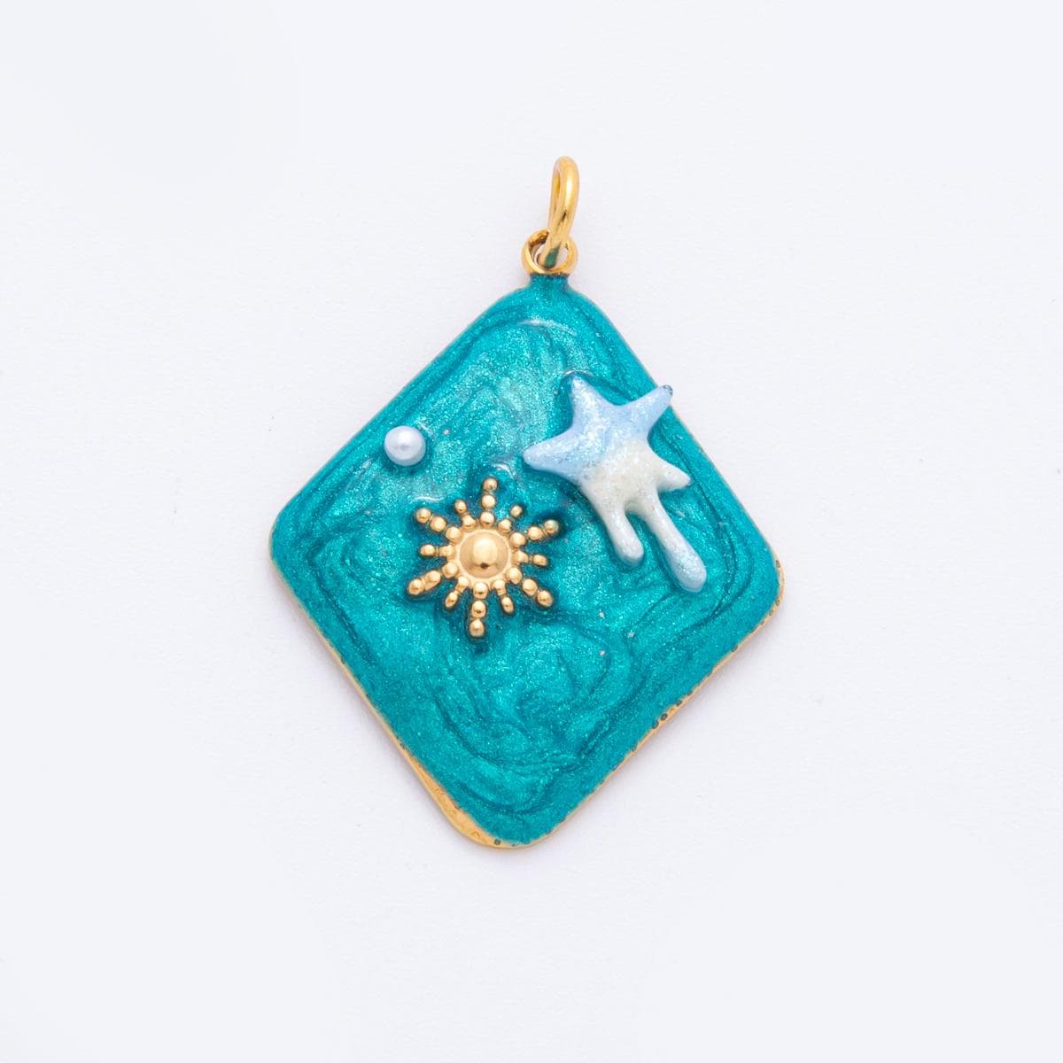 PVD Gold Stainless Steel Rhombus Enamel Blue Sky Charm Star Celestial Jewelry Making Supply | J-454