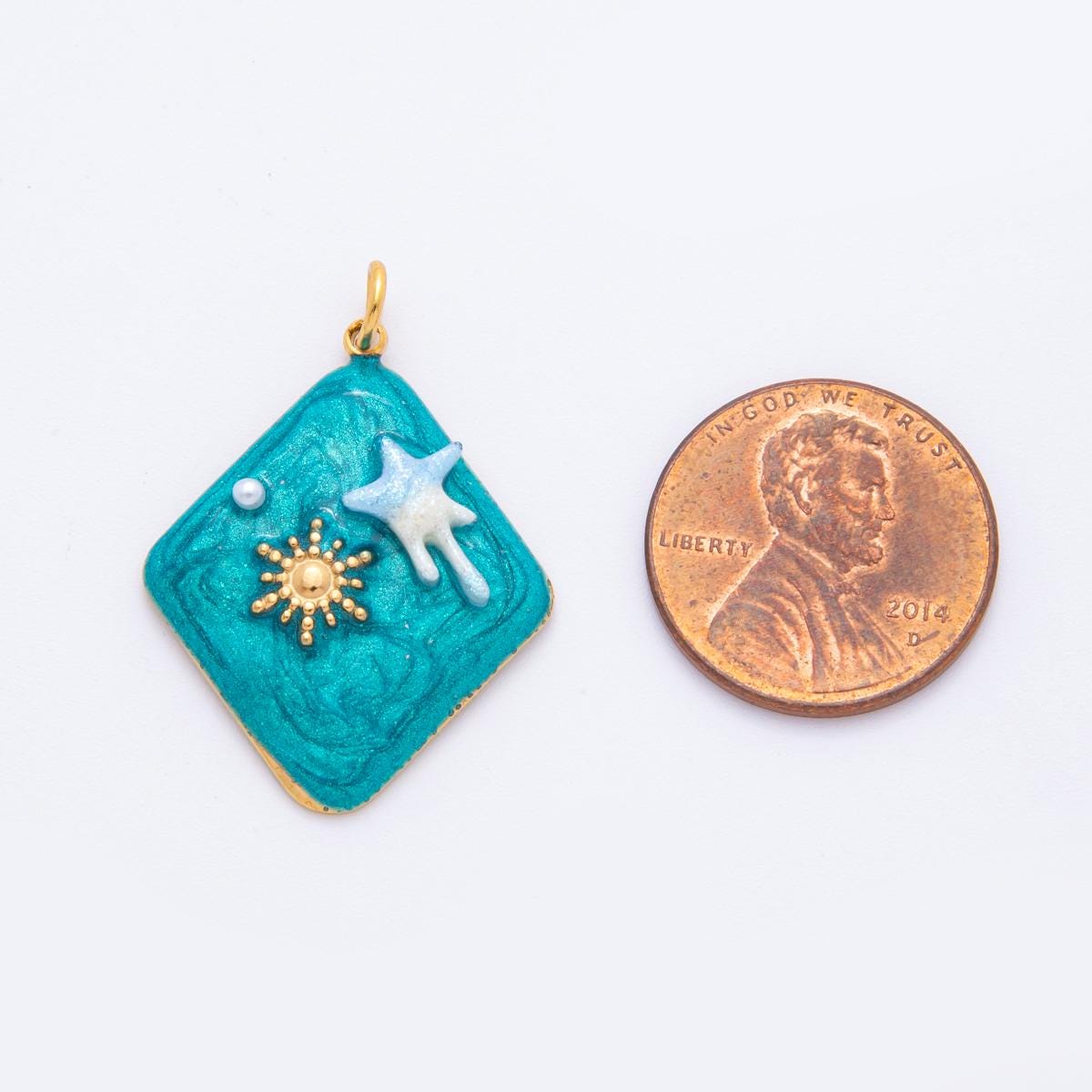 PVD Gold Stainless Steel Rhombus Enamel Blue Sky Charm Star Celestial Jewelry Making Supply | J-454
