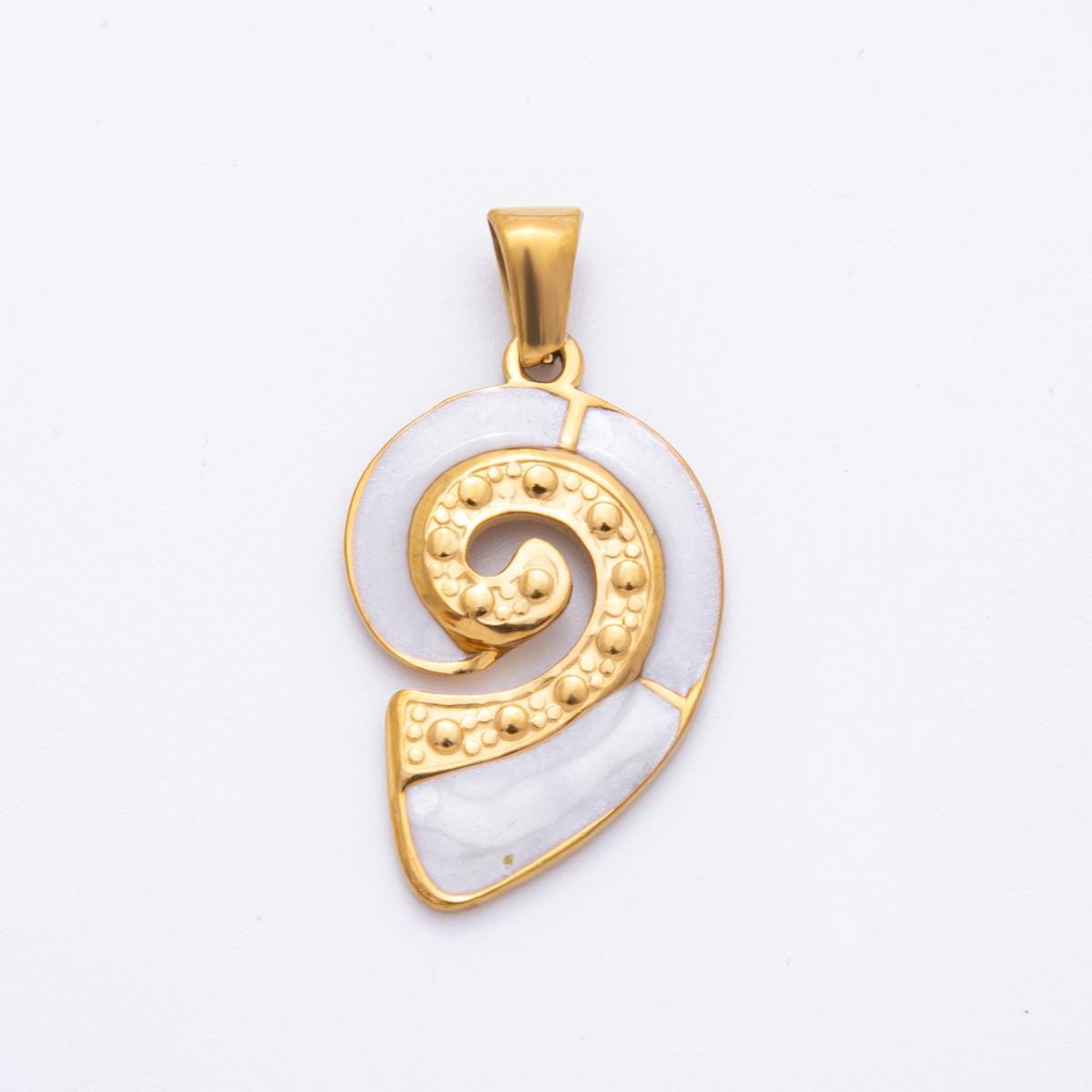 Gold Spiral Pendant with White Enamel – Modern Statement Jewelry Charm J-520