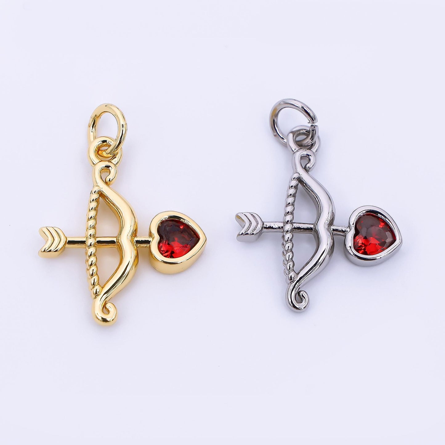 24K Gold Filled 18mm Red Heart-Shaped CZ Cupid Arrow Charm in Gold & Silver | M-573