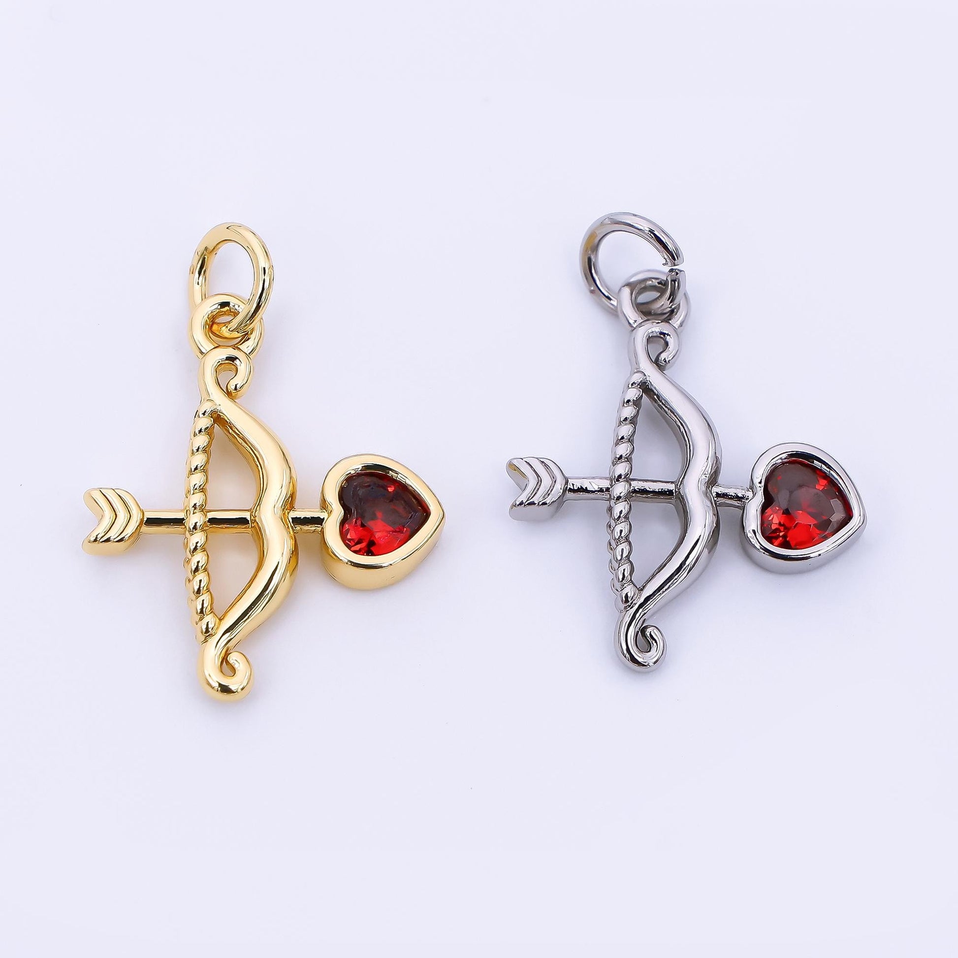 24K Gold Filled 18mm Red Heart-Shaped CZ Cupid Arrow Charm in Gold & Silver | M-573