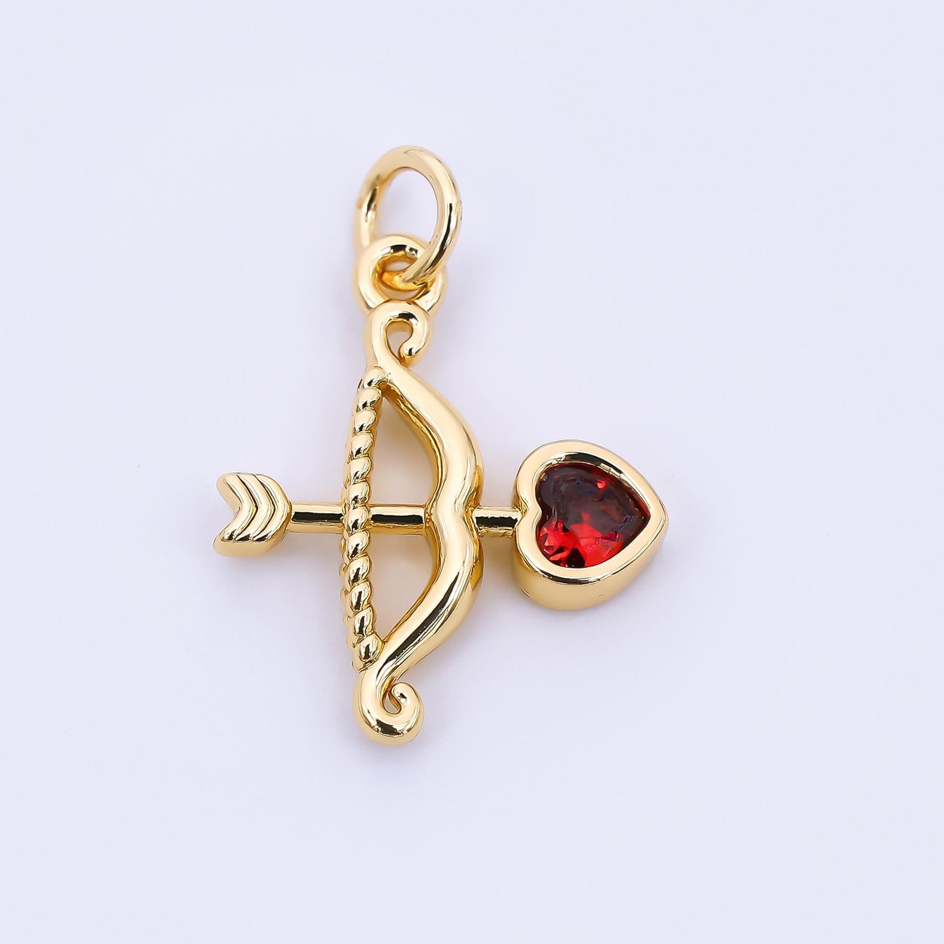 24K Gold Filled 18mm Red Heart-Shaped CZ Cupid Arrow Charm in Gold & Silver | M-573