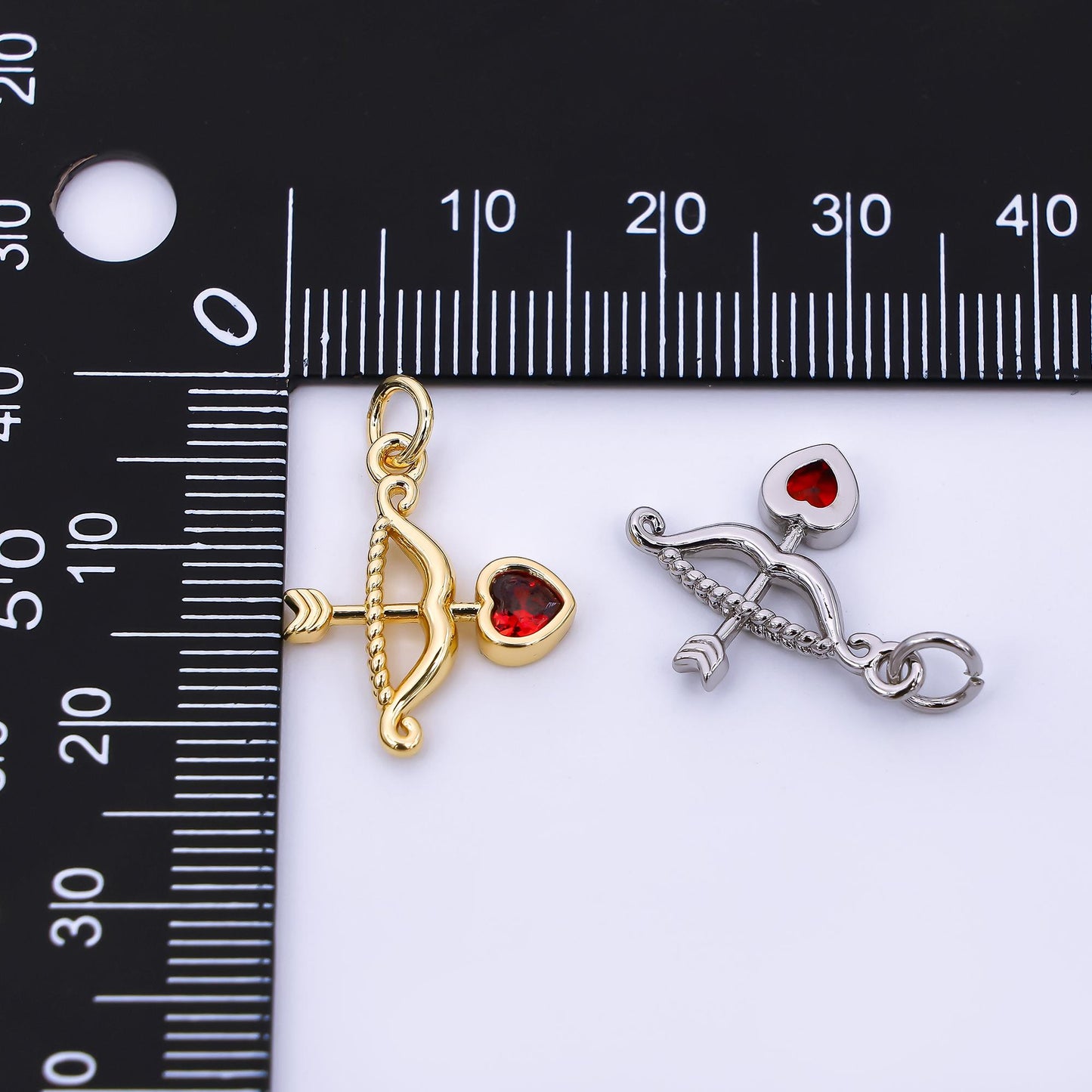 24K Gold Filled 18mm Red Heart-Shaped CZ Cupid Arrow Charm in Gold & Silver | M-573