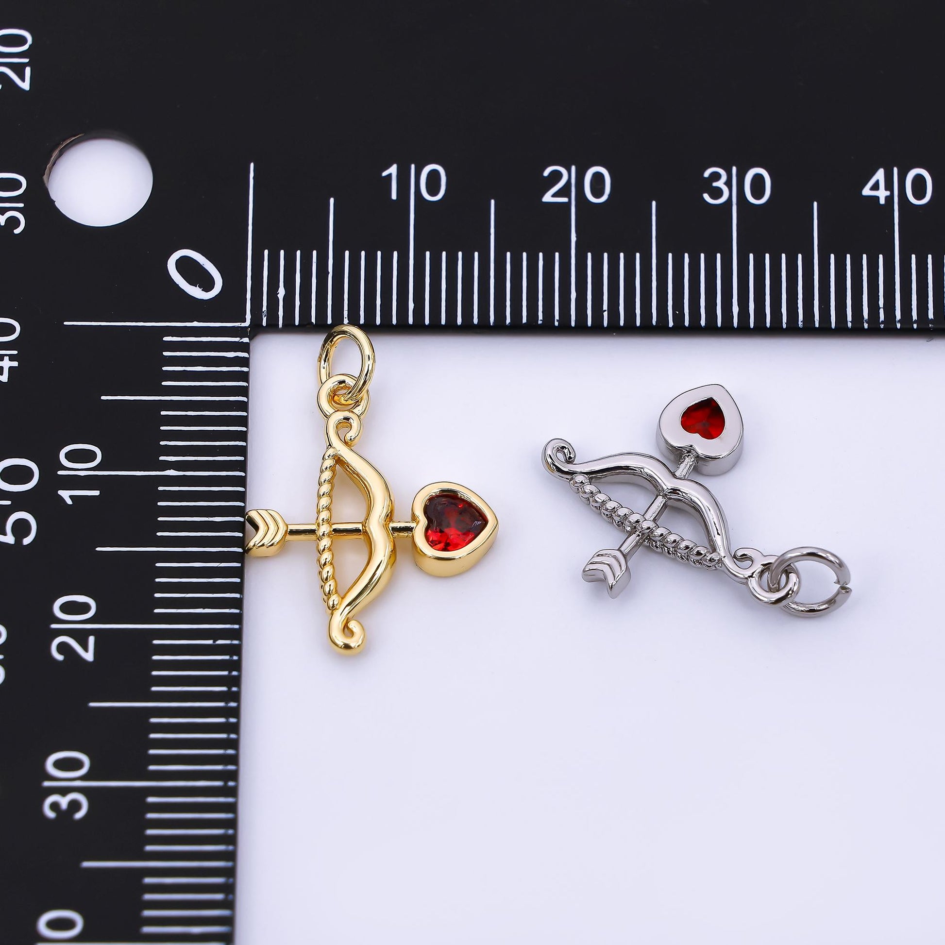 24K Gold Filled 18mm Red Heart-Shaped CZ Cupid Arrow Charm in Gold & Silver | M-573