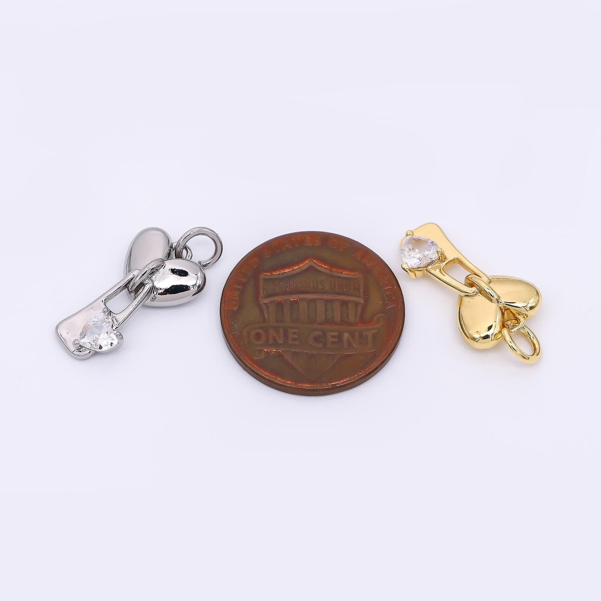 24K Gold Filled Clear CZ Heart Key Padlock Drop Charm in Gold & Silver | M-580