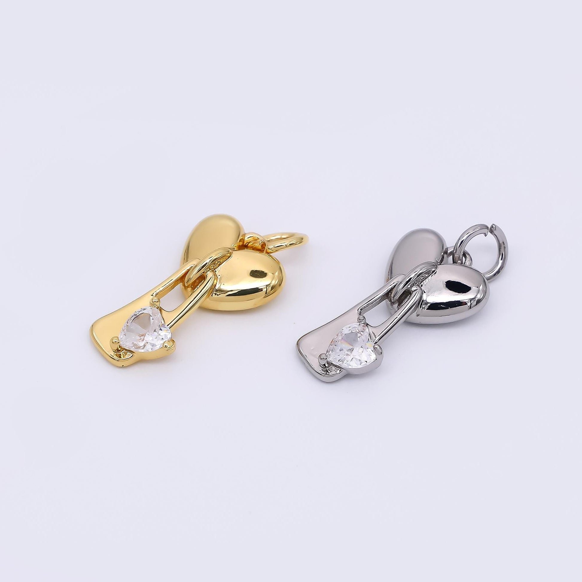24K Gold Filled Clear CZ Heart Key Padlock Drop Charm in Gold & Silver | M-580