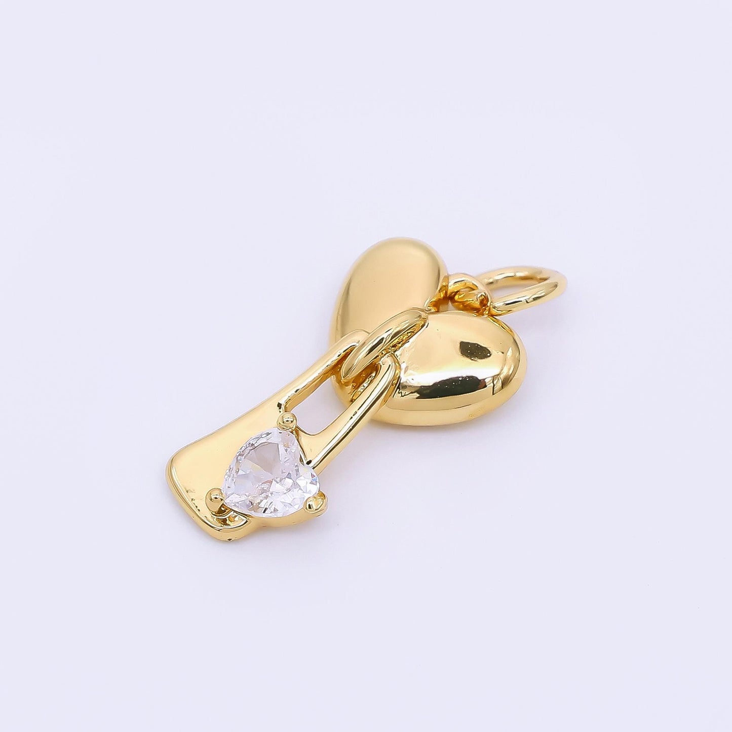 24K Gold Filled Clear CZ Heart Key Padlock Drop Charm in Gold & Silver | M-580