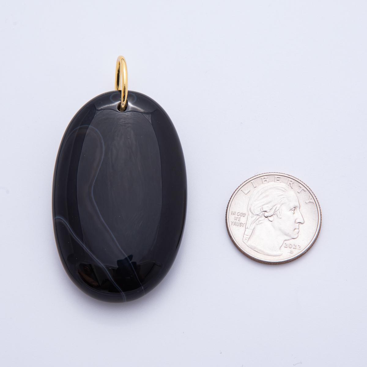 Big Black Agate Pendant Natural Oval Stone Beads Black Gemstone Findings 63.8x34.2 mm for Cord Necklace Jewelry Supply E-521