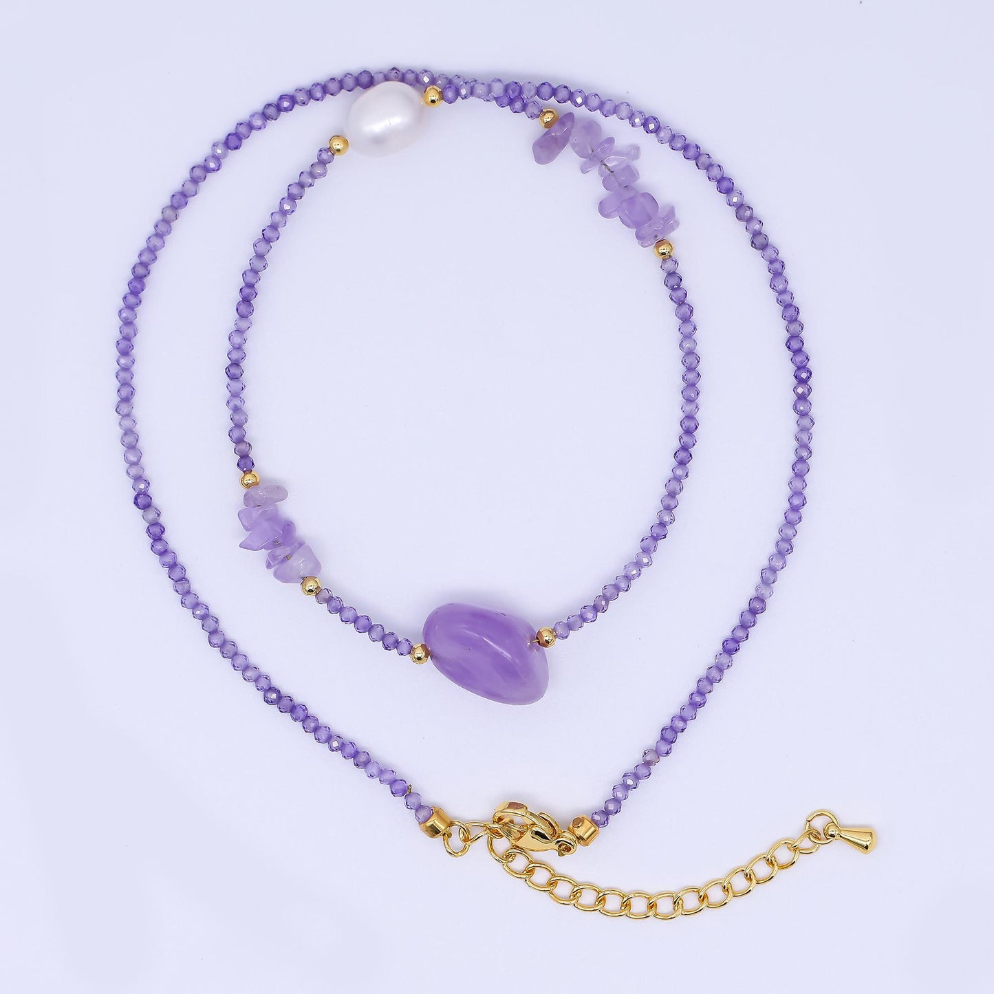 24K Gold Filled Amethyst Natural Gemstone Beaded Chain Necklace 16.92 Inch with Extender | WA-3345