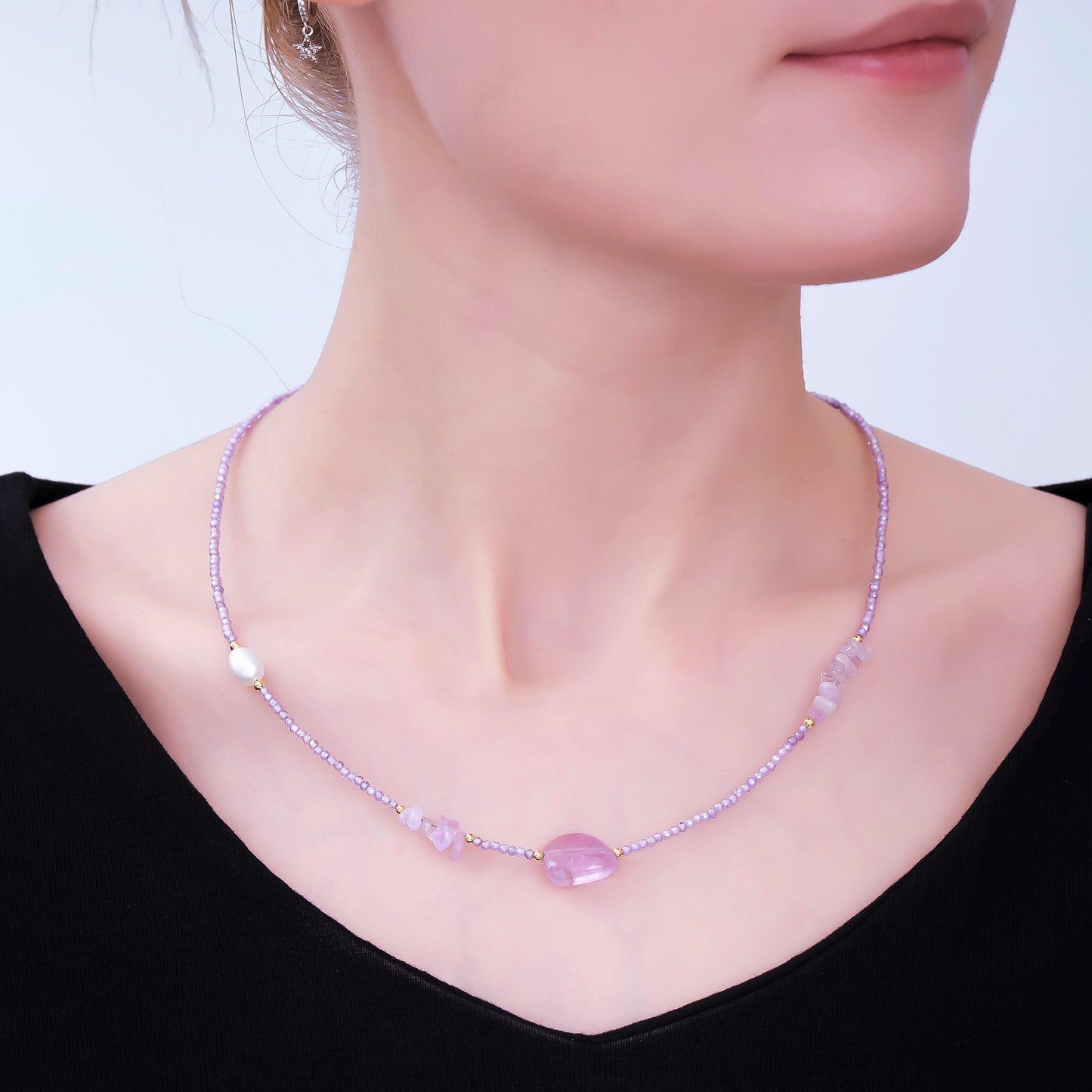 24K Gold Filled Amethyst Natural Gemstone Beaded Chain Necklace 16.92 Inch with Extender | WA-3345