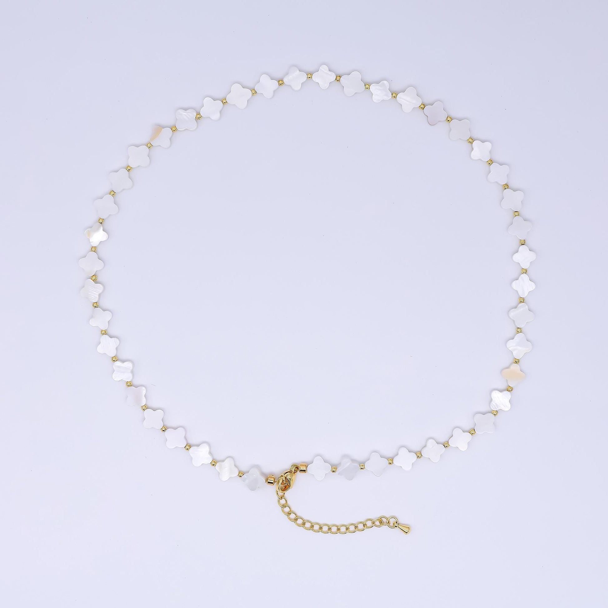 24K Gold Filled Mother of Pearl 4-Leaf Lucky Fortune Clover Necklace 17 Inch with Extender | WA-3344